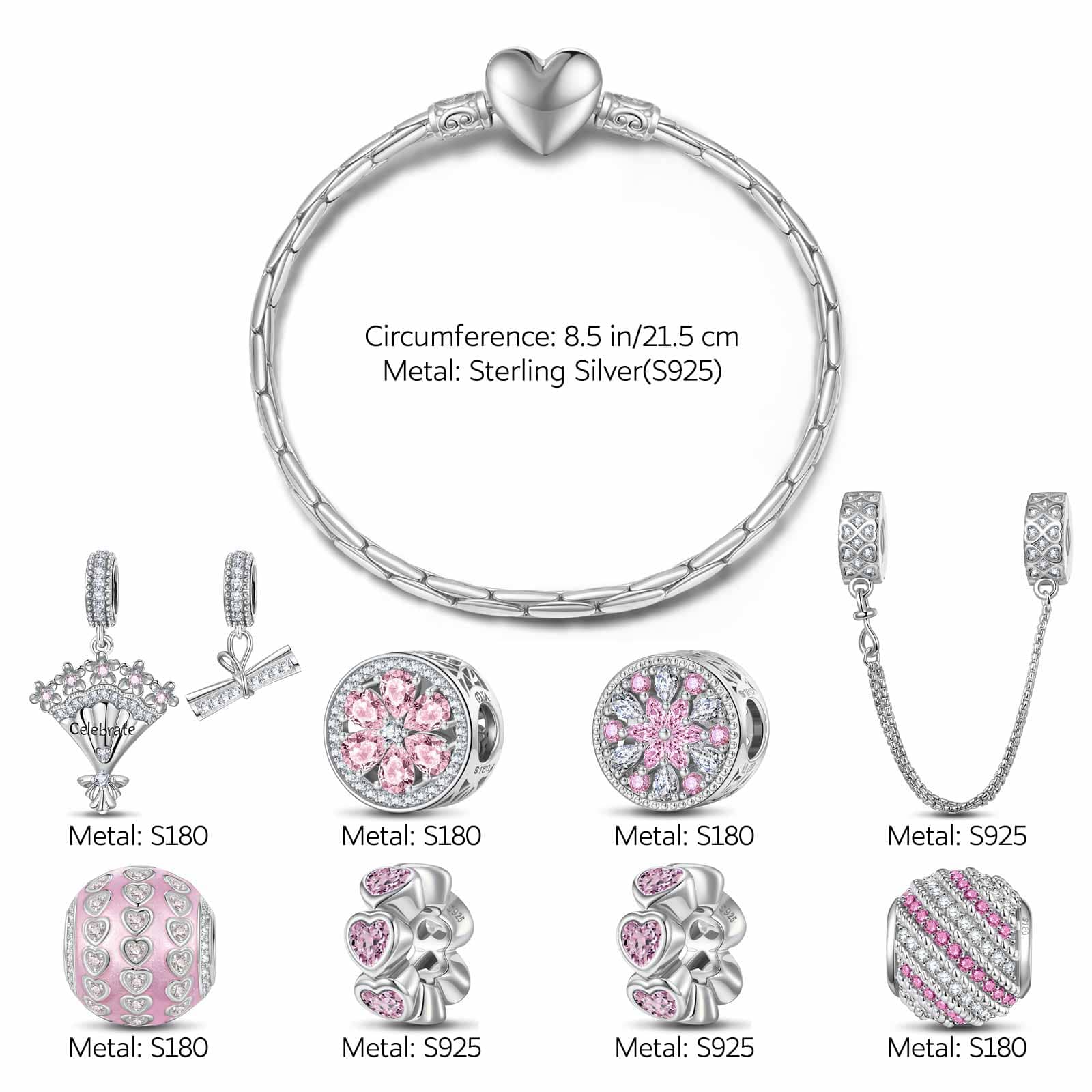 Sterling Silver Achievement Blossoms Charms Bracelet Set With Enamel In White Gold Plated (Includes bracelet and all charms shown) - Image 4