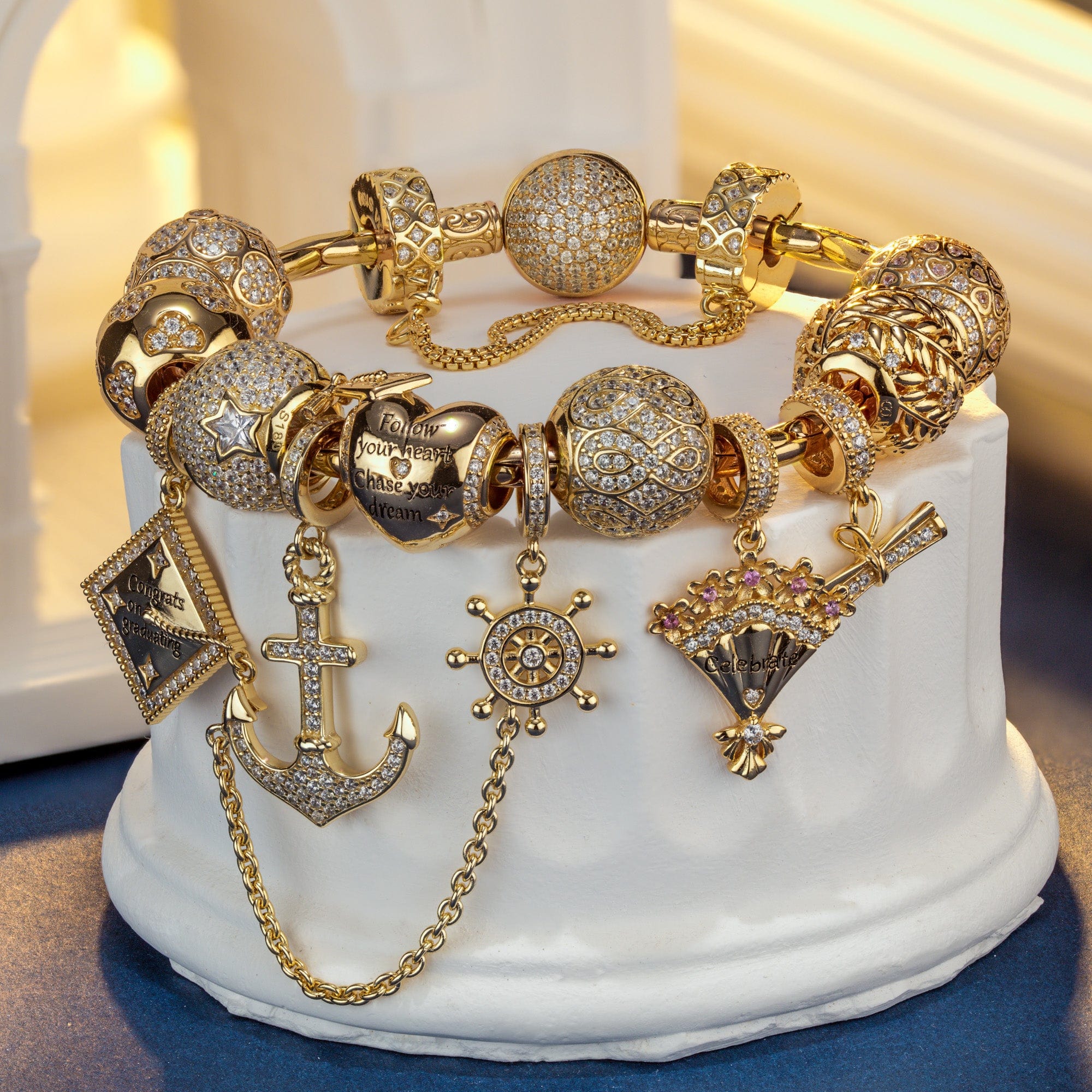 Sterling Silver Heartwarming Success Charms Bracelet Set In 14K Gold Plated (Includes bracelet and all charms shown) - Image 2
