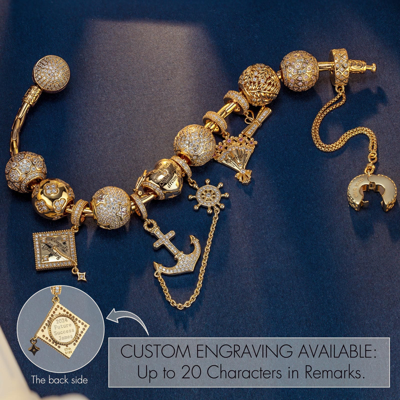 Sterling Silver Heartwarming Success Charms Bracelet Set In 14K Gold Plated (Includes bracelet and all charms shown) - Image 3
