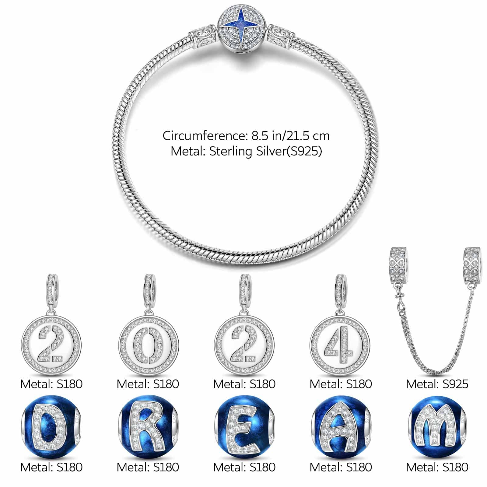 Sterling Silver Dreams' Beginnings Charms Bracelet Set With Enamel In White Gold Plated (Includes bracelet and all charms shown) - Image 3