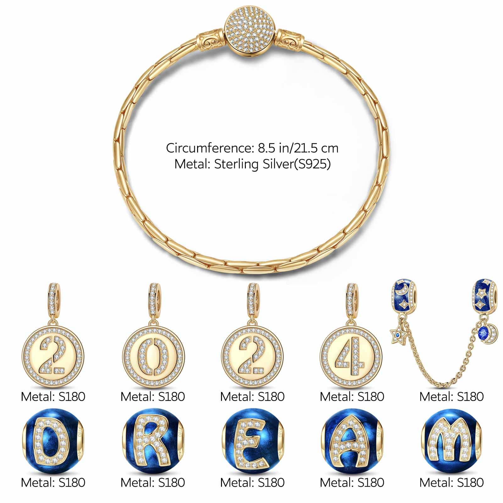 Sterling Silver Dreams' Beginnings Charms Bracelet Set With Enamel In 14K Gold Plated (Includes bracelet and all charms shown) - Image 2