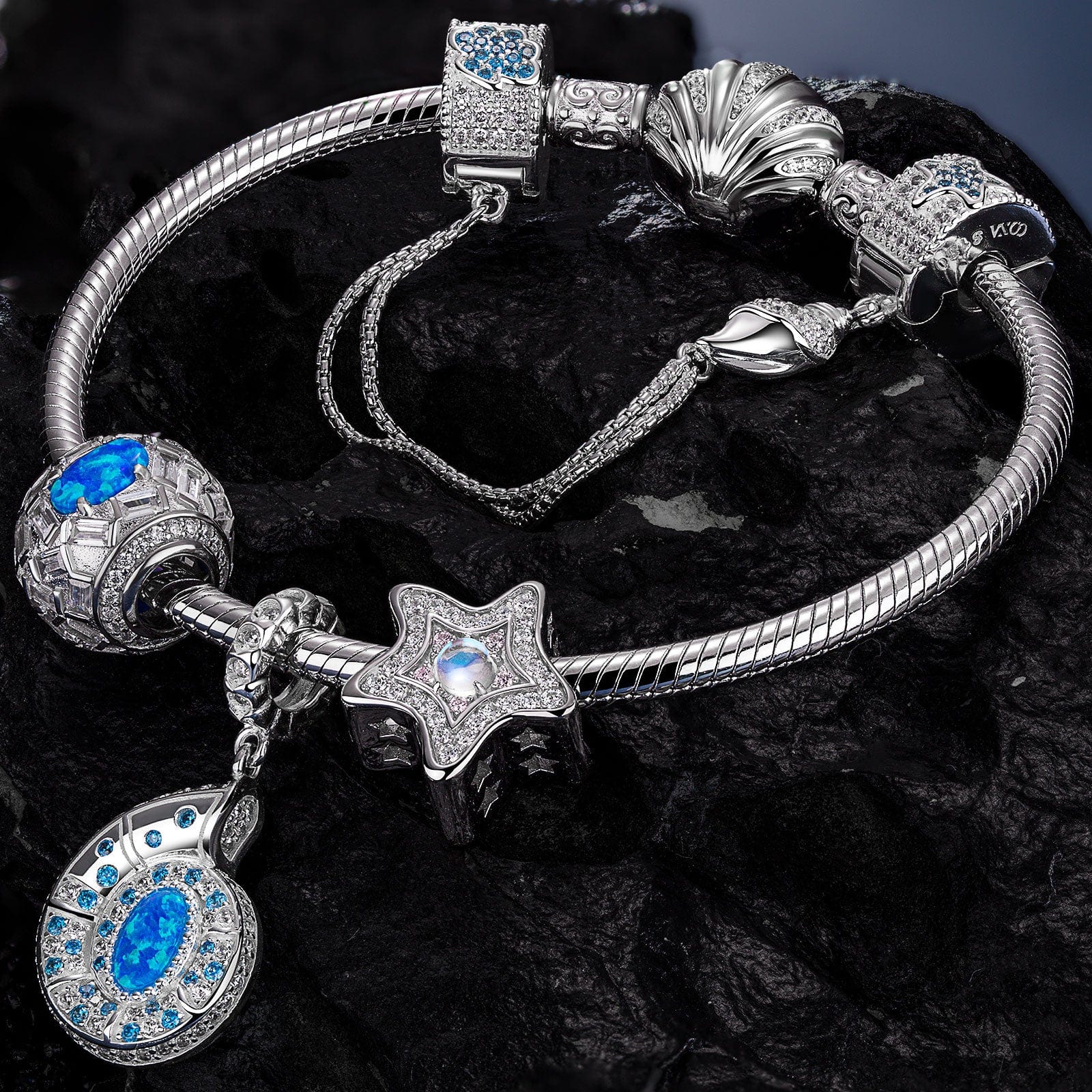 Sterling Silver Starlit Treasures Moonstone Charms Bracelet Set In White Gold Plated (Includes bracelet and all charms shown) - Image 3