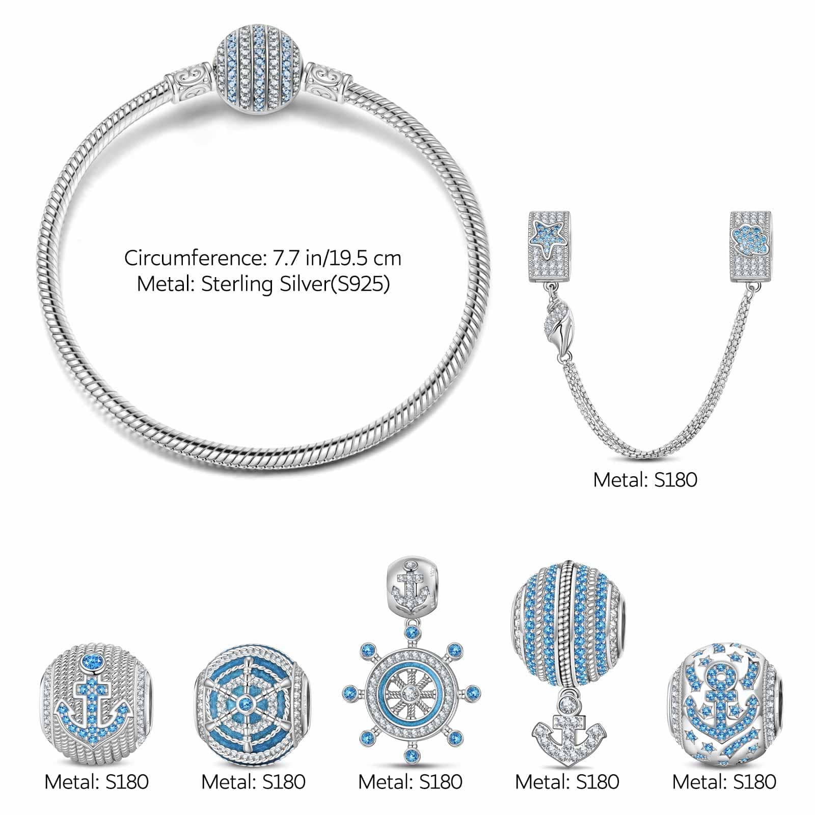 Sterling Silver Anchor of Wisdom Charms Bracelet Set With Enamel In White Gold Plated (Includes bracelet and all charms shown) - Image 2