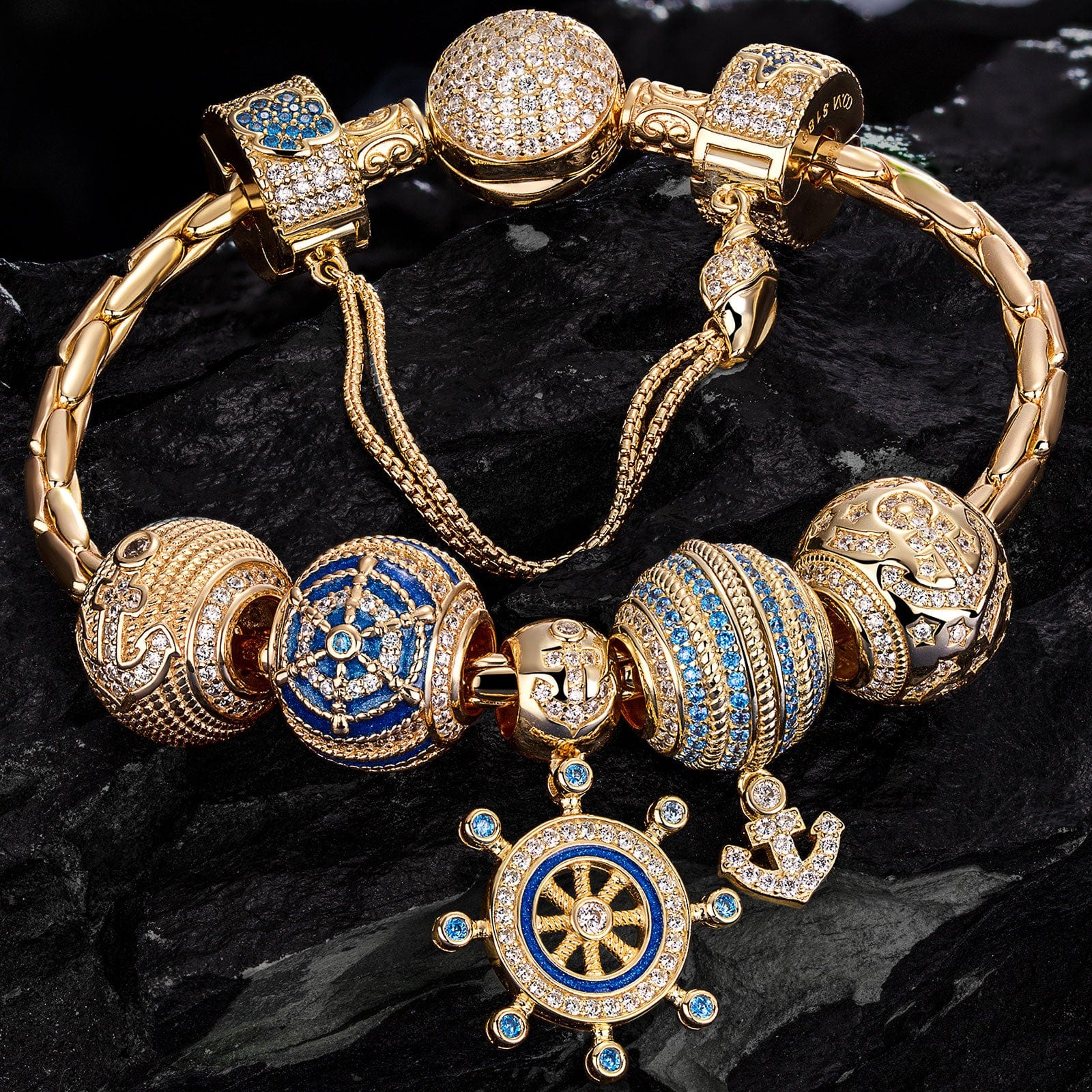 Sterling Silver Anchor of Wisdom Charms Bracelet Set With Enamel In 14K Gold Plated (Includes bracelet and all charms shown) - Image 3
