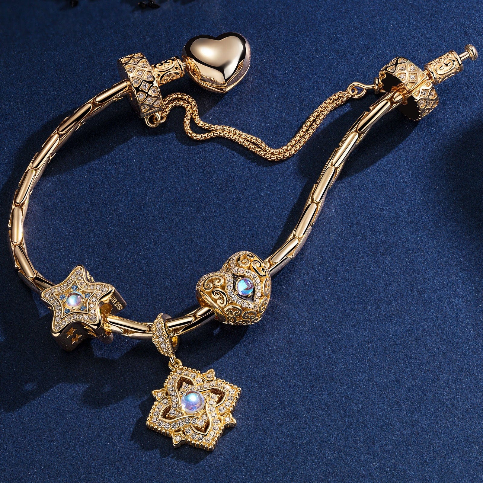 Sterling Silver Submerged Moonstone Charms Bracelet Set In 14K Gold Plated (Includes bracelet and all charms shown) - Image 3