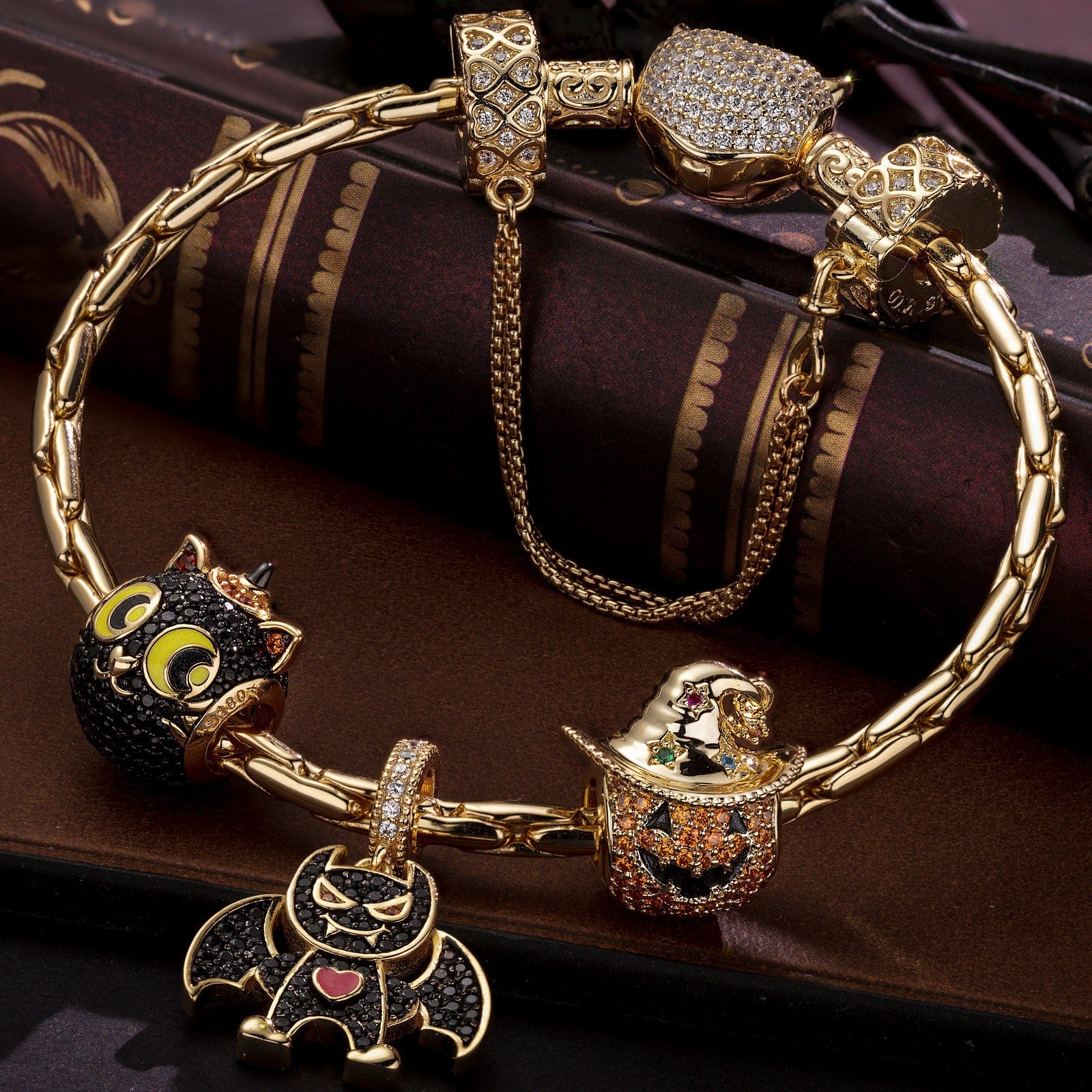 Sterling Silver Playful Monsters Charms Bracelet Set With Enamel In 14K Gold Plated (Includes bracelet and all charms shown)