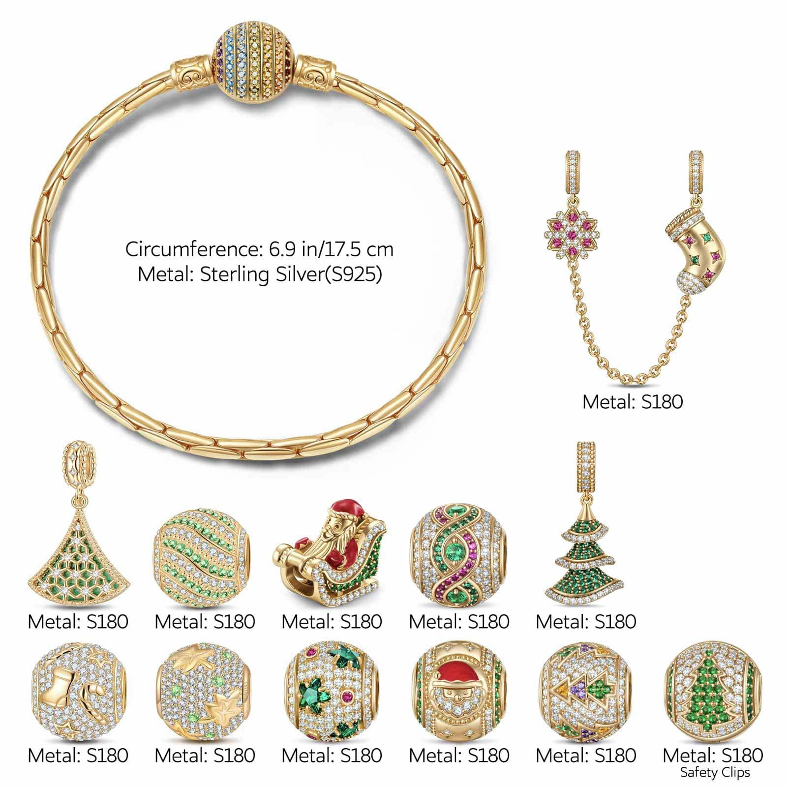 Sterling Silver Yuletide Tree Traverse Charms Bracelet Set With Enamel In 14K Gold Plated (Includes bracelet and all charms shown) - Image 2