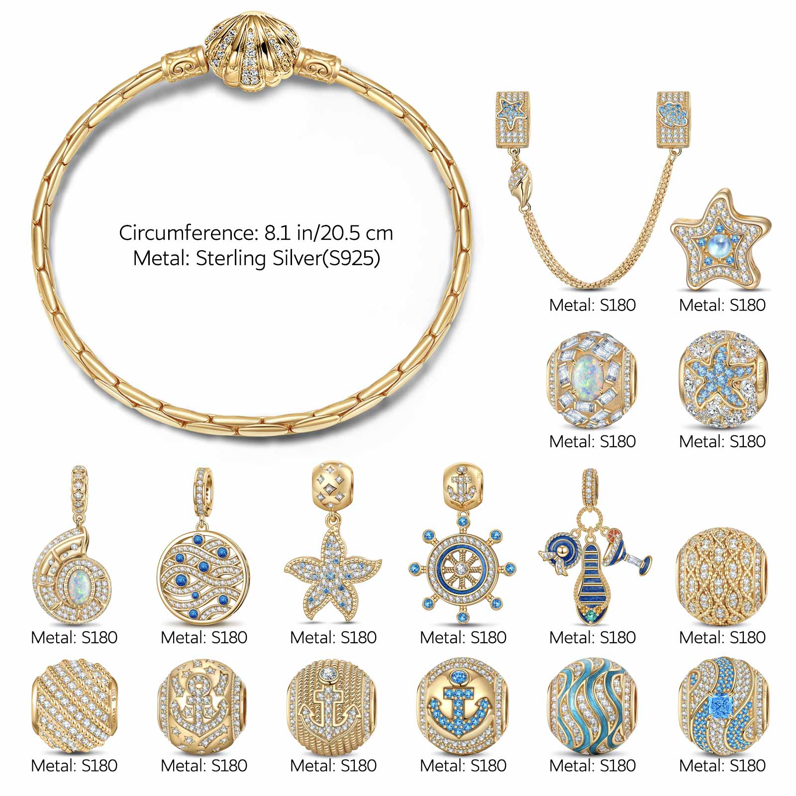 Sterling Silver Maritime Adventure Charms Bracelet Set With Enamel In 14K Gold Plated (Includes bracelet and all charms shown) - Image 2