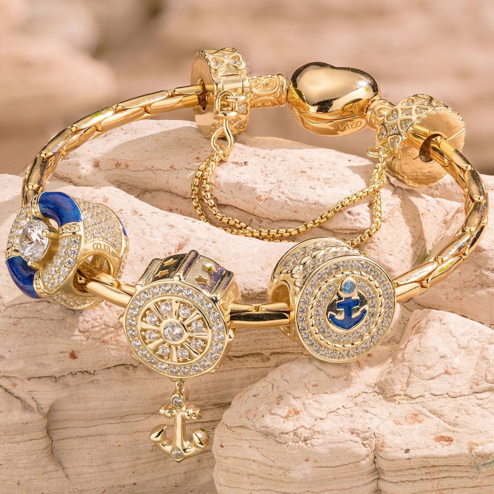 Sterling Silver Captivating Sailing Charms Bracelet Set With Enamel In 14K Gold Plated (Includes bracelet and all charms shown) - Image 2