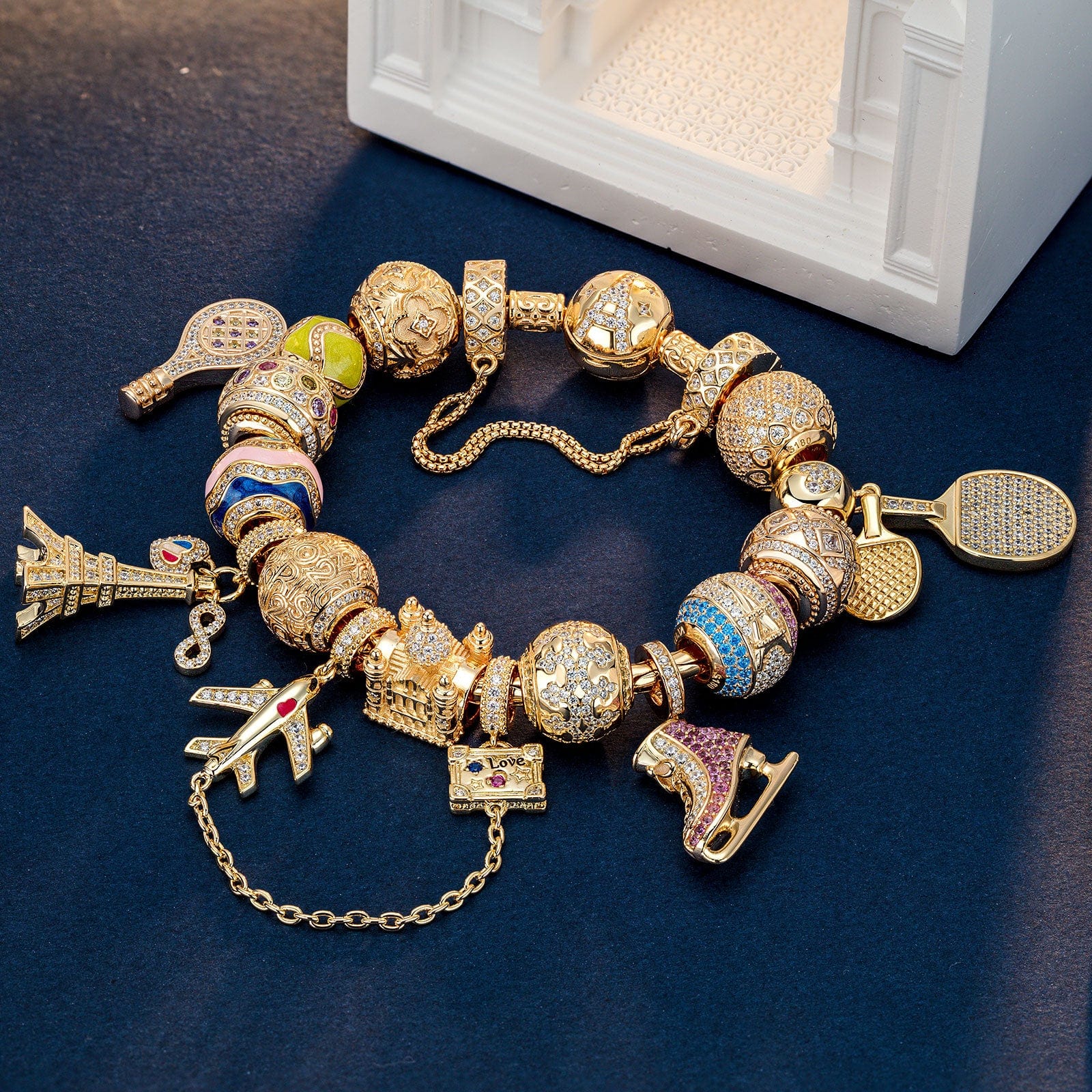 Sterling Silver Sporting Paris Charms Bracelet Set With Enamel In 14K Gold Plated (Includes bracelet and all charms shown) - Image 4