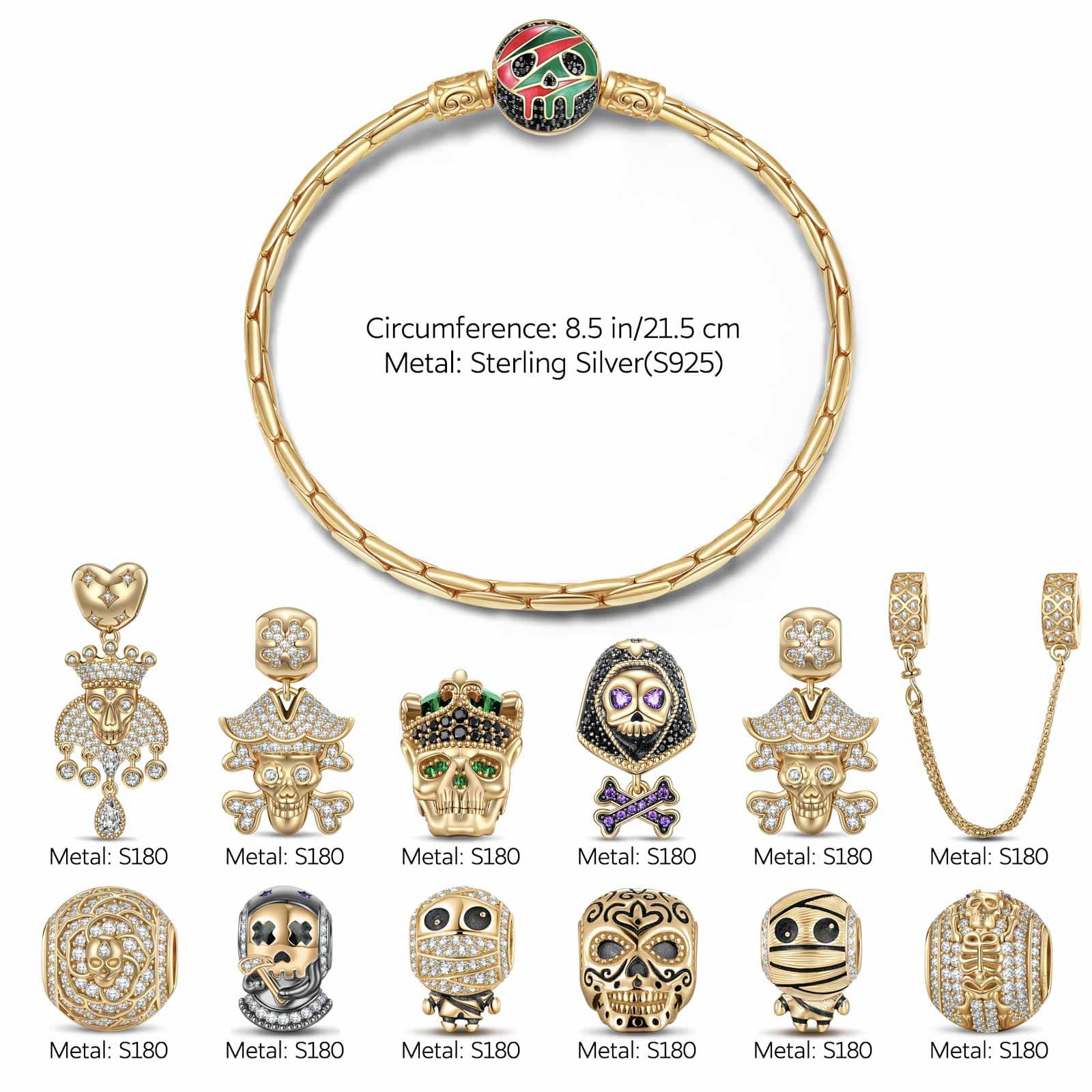 Limited Edition Flash Sale: Sterling Silver Skull Empire Charms Bracelet Set With Enamel In 14K Gold Plated (Includes bracelet and all charms shown) - Image 2