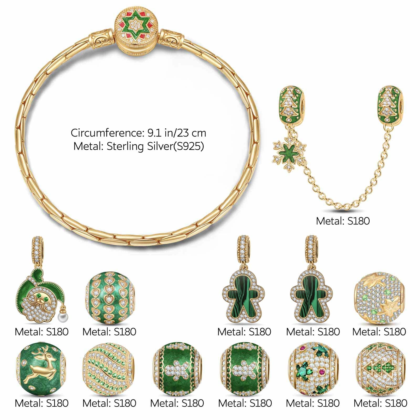 Christmas Sale Limited Special - Sterling Silver Merry Evergreen Charms Bracelet Set With Enamel In 14K Gold Plated (Includes bracelet and all charms shown) - Image 2