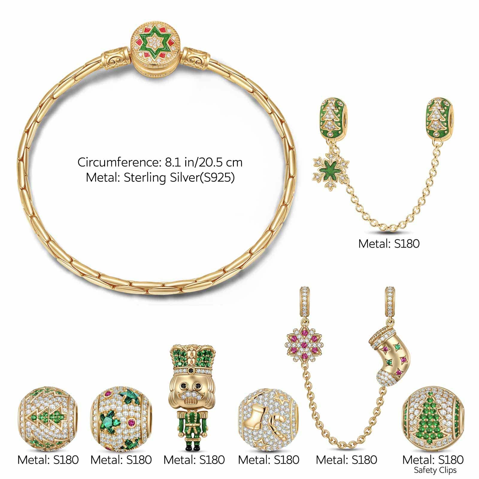 Sterling Silver Emerald Christmas Sentinel Charms Bracelet Set With Enamel In 14K Gold Plated (Includes bracelet and all charms shown) - Image 2