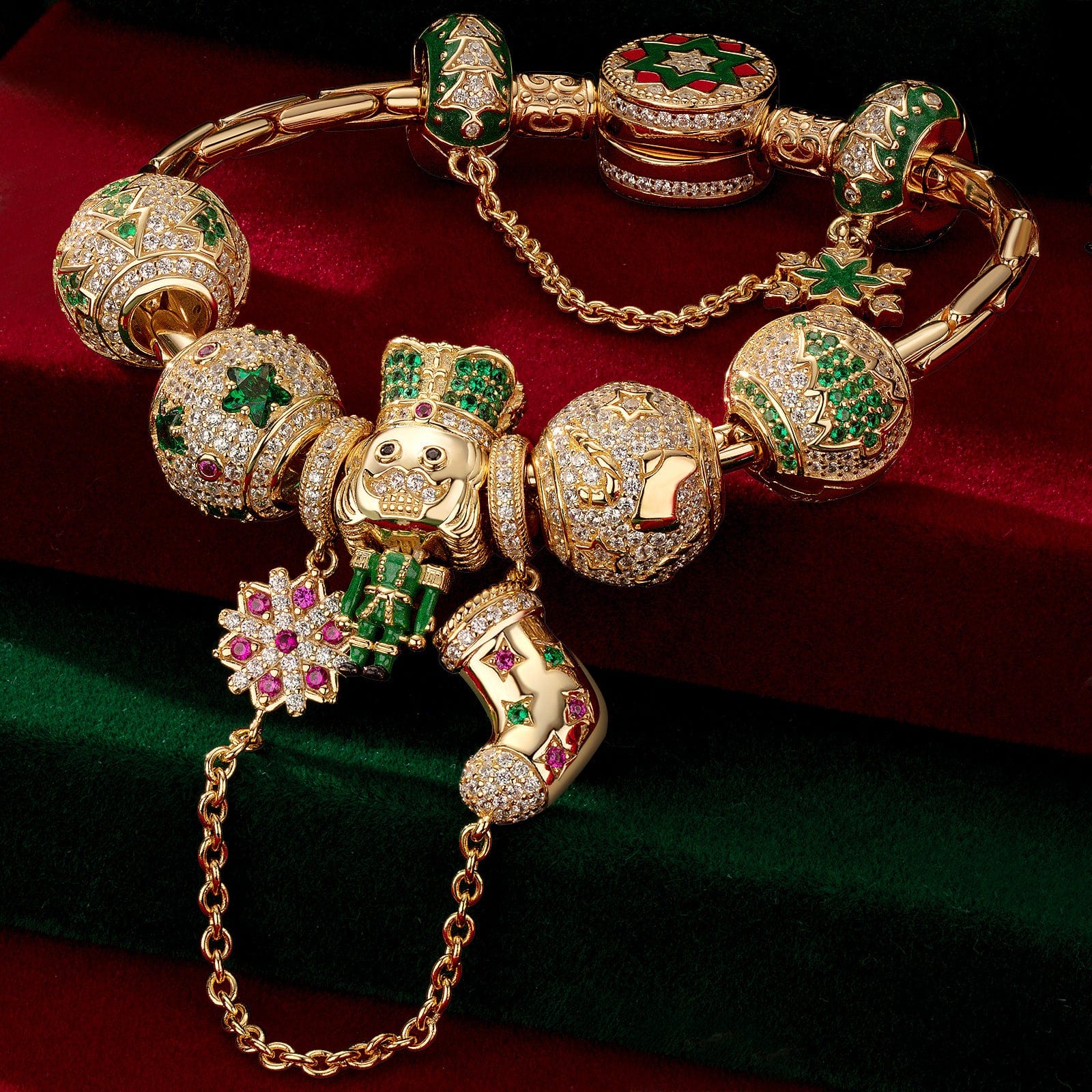Sterling Silver Emerald Christmas Sentinel Charms Bracelet Set With Enamel In 14K Gold Plated (Includes bracelet and all charms shown) - Image 5