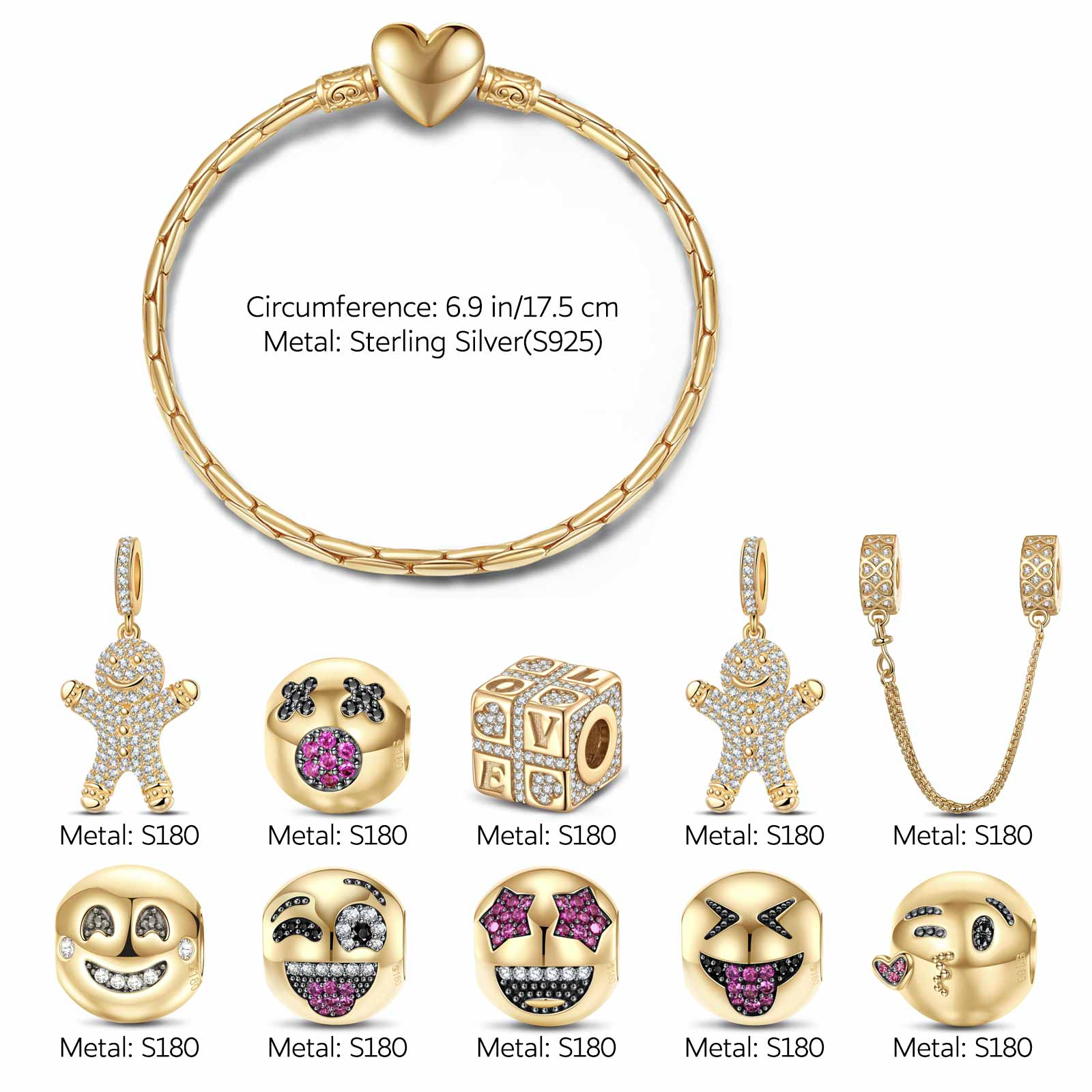 Sterling Silver Smile and Embrace Charms Bracelet Set With Enamel In 14K Gold Plated (Includes bracelet and all charms shown) - Image 2