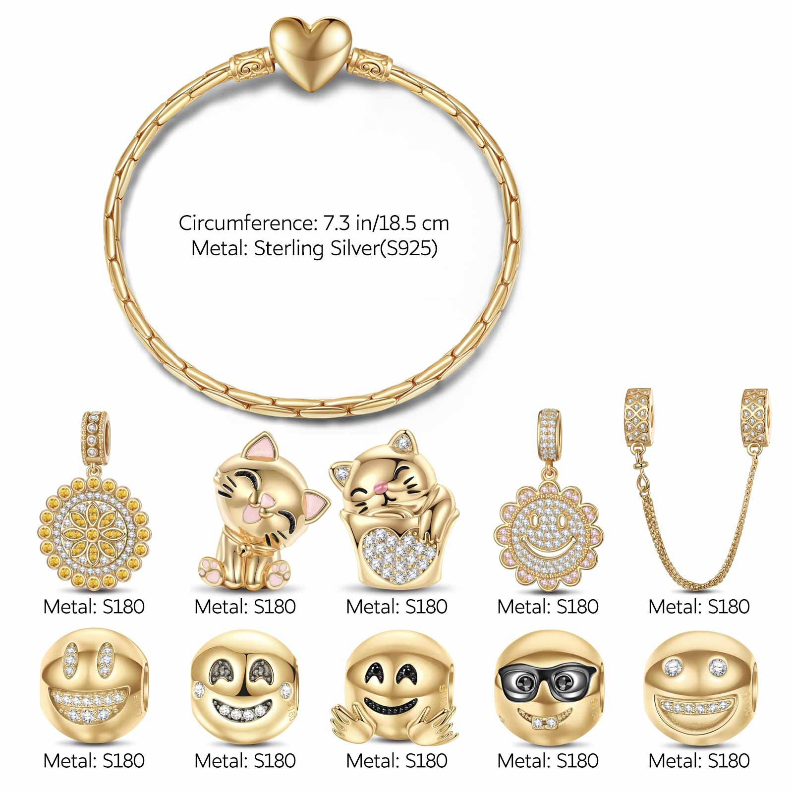 Sterling Silver Joyful Beaming Charms Bracelet Set With Enamel In 14K Gold Plated (Includes bracelet and all charms shown) - Image 2