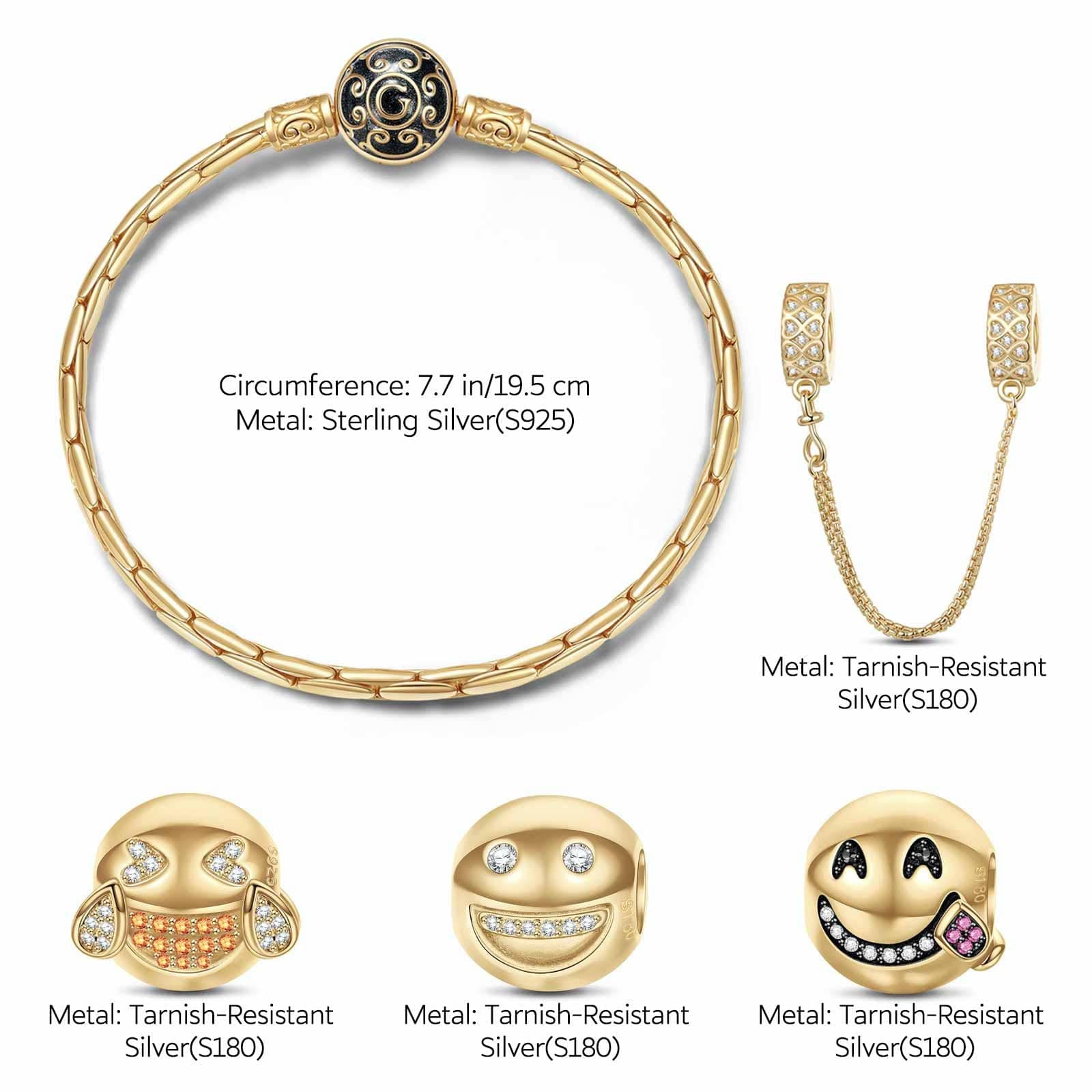 Sterling Silver Humorous Emojis Charms Bracelet Set With Enamel In 14K Gold Plated (Includes bracelet and all charms shown) - Image 2