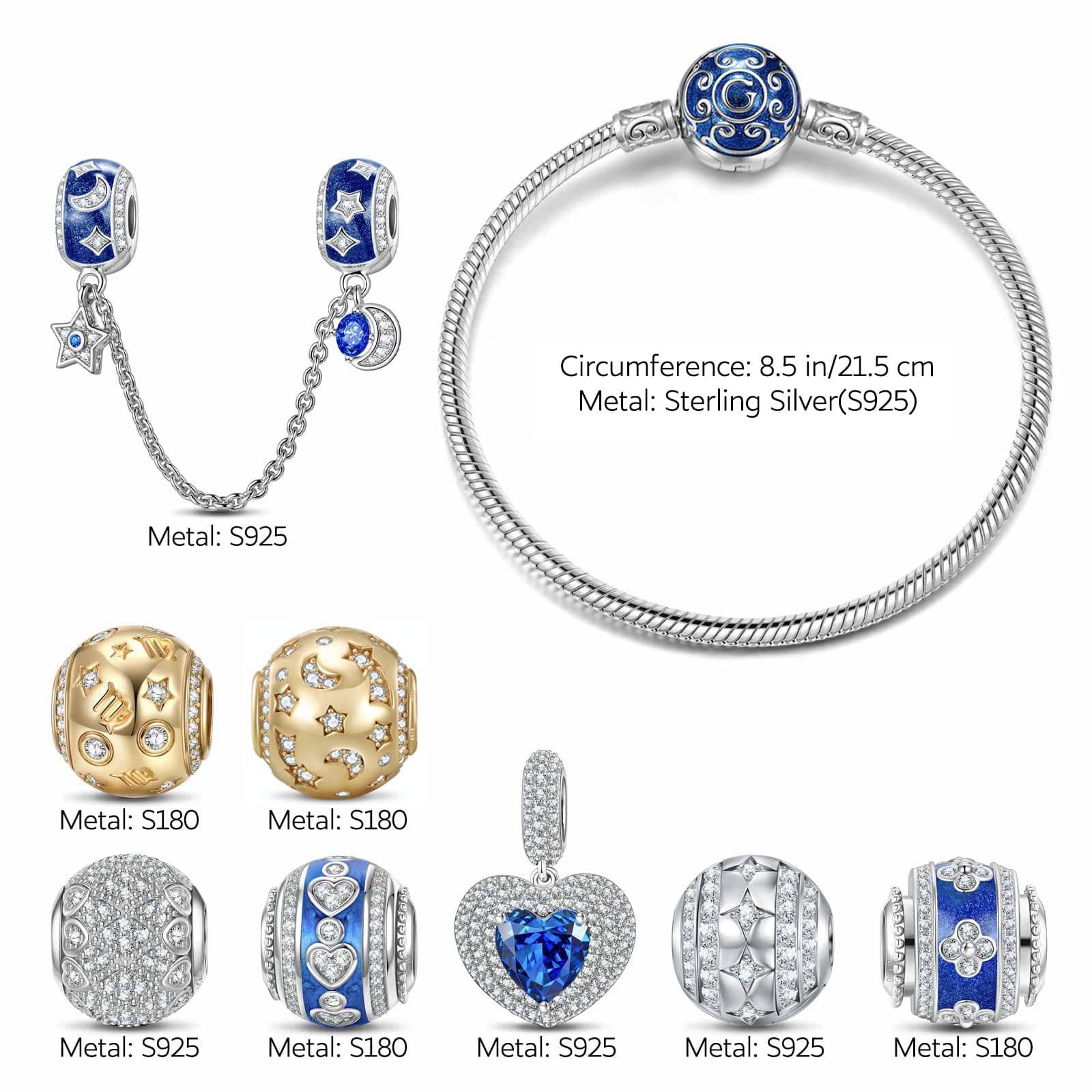 Sterling Silver Starlit Love Charms Bracelet Set With Enamel, Featuring Dual Plating in 14K Gold and White Gold (Includes bracelet and all charms shown) - Image 2