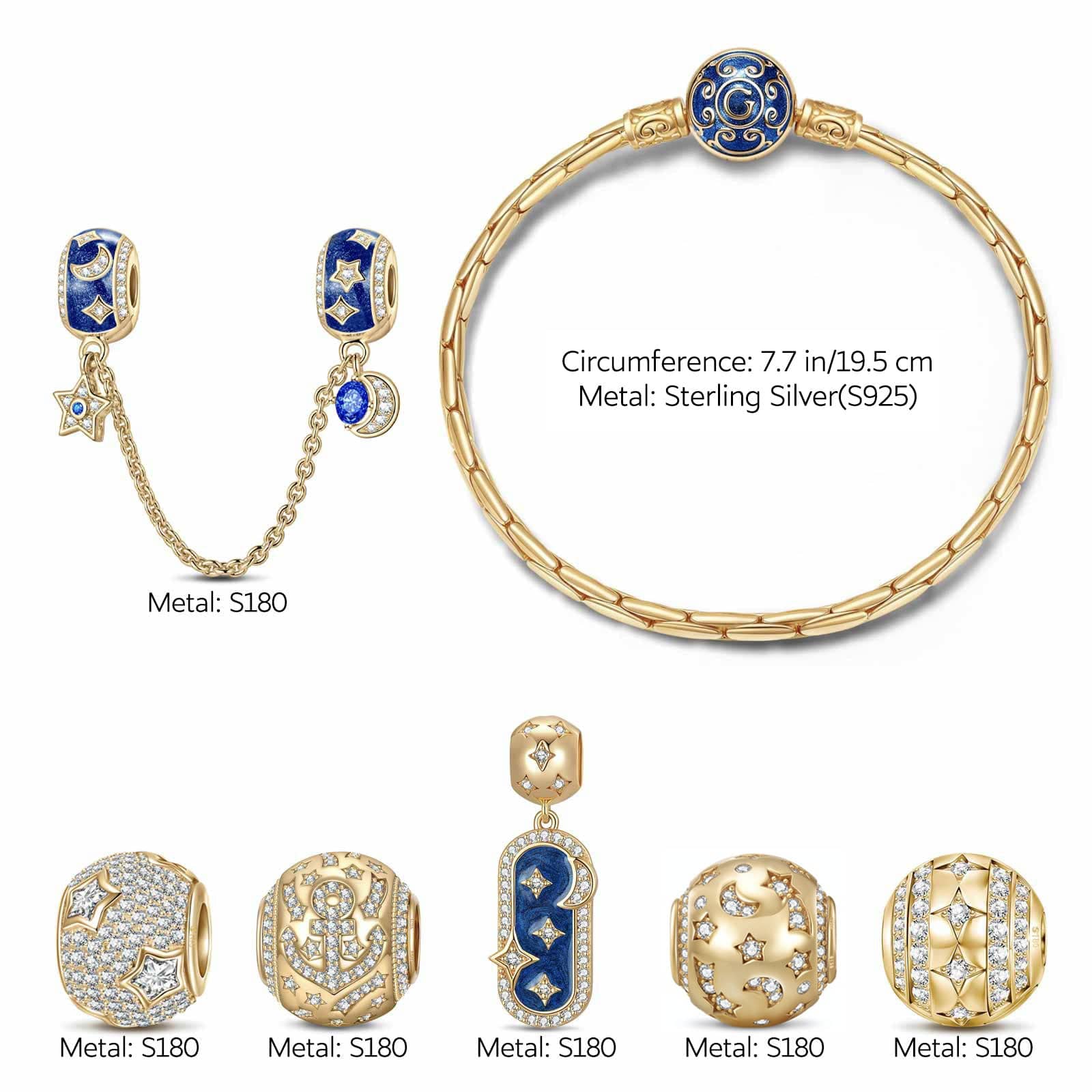 Sterling Silver Twinkling Starlight Charms Bracelet Set With Enamel In 14K Gold Plated (Includes bracelet and all charms shown) - Image 2