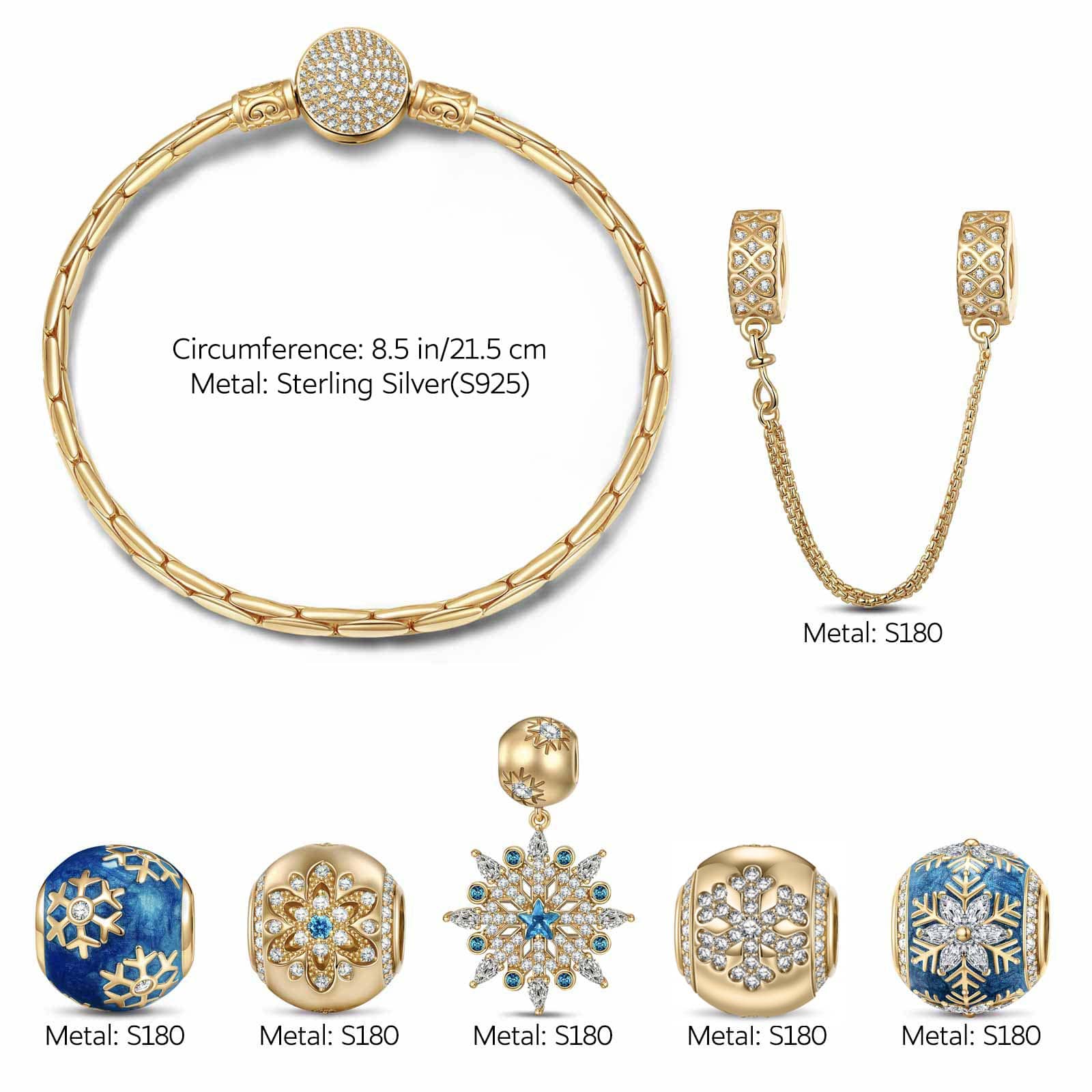 Sterling Silver Frosty Blue Snowflakes Charms Bracelet Set With Enamel In 14K Gold Plated (Includes bracelet and all charms shown) - Image 2
