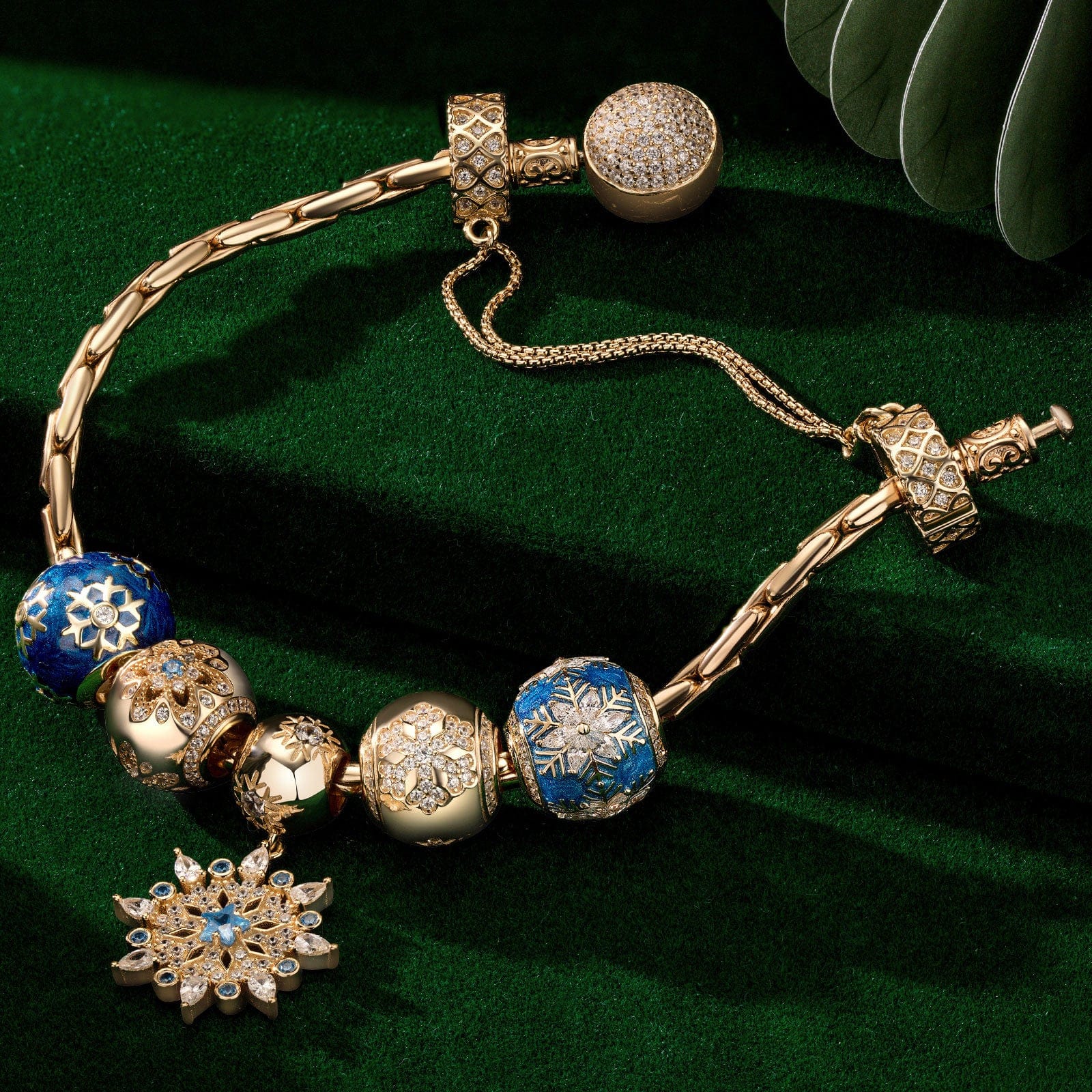 Sterling Silver Frosty Blue Snowflakes Charms Bracelet Set With Enamel In 14K Gold Plated (Includes bracelet and all charms shown) - Image 3