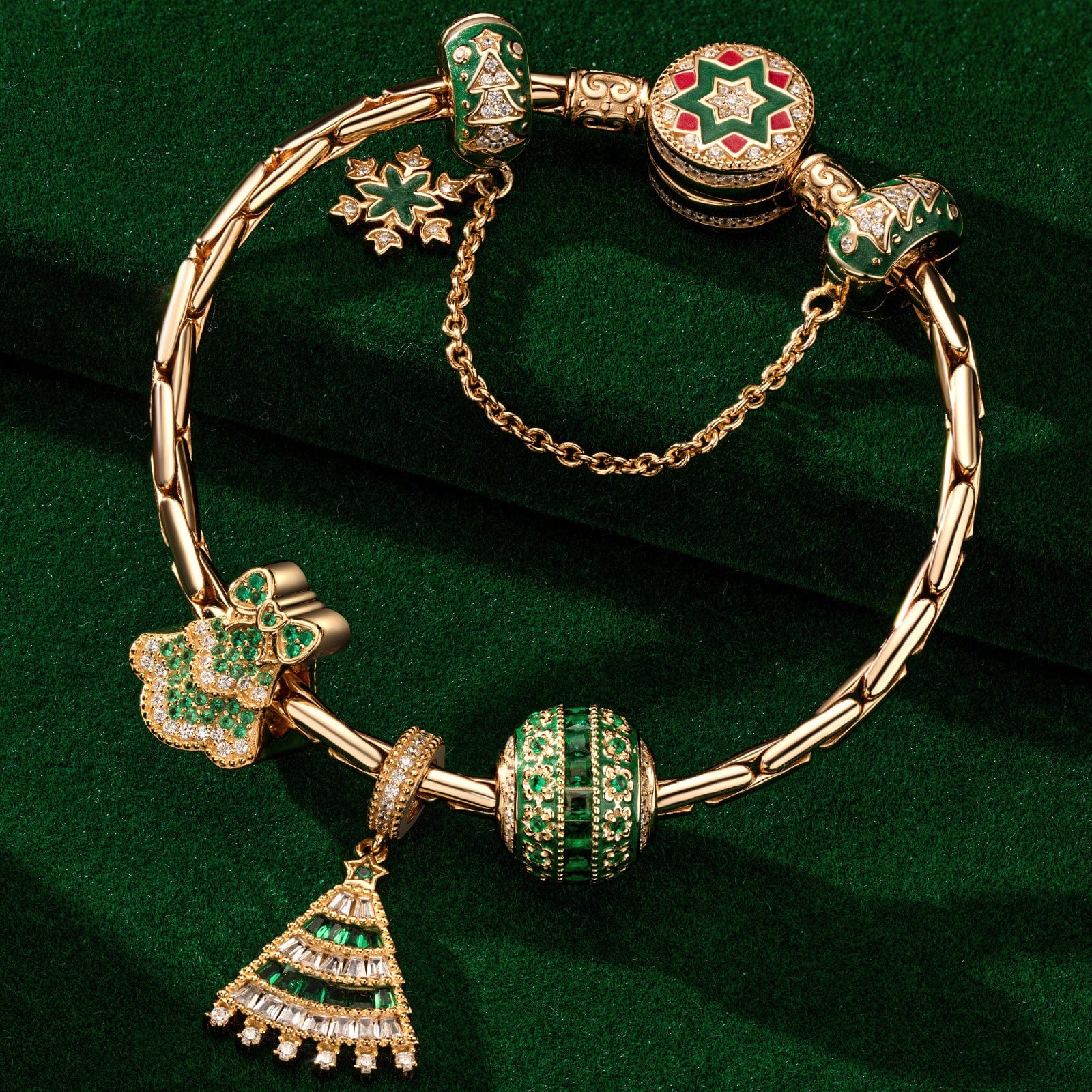 Sterling Silver Emerald Festive Tree Charms Bracelet Set In 14K Gold Plated (Includes bracelet and all charms shown) - Image 3