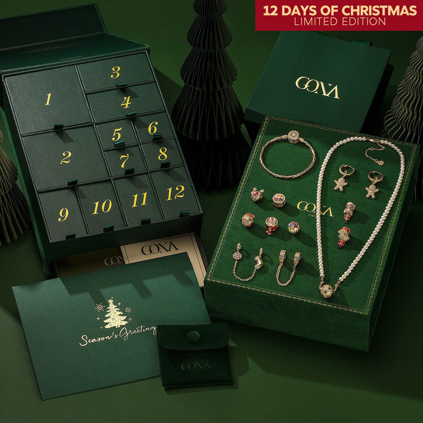 Limited Edition - The Iconic Advent Calendar - 12 Days Of Christmas Fine Jewelry Gift Set: Sterling Silver Festive Hearts Charms Earrings and Necklace and Bracelet Set With Enamel In 14K Gold Plated - Image 2