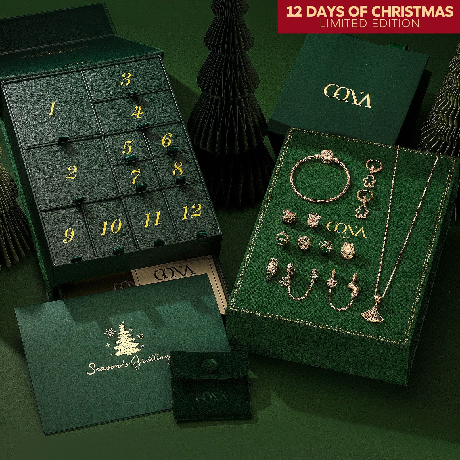 Christmas Sale Limited Special - The Iconic Advent Calendar - 12 Days Of Christmas Fine Jewelry Gift Set: Sterling Silver Evergreen Cheer Charms Earrings and Necklace and Bracelet Set With Enamel In 14K Gold Plated - Image 2
