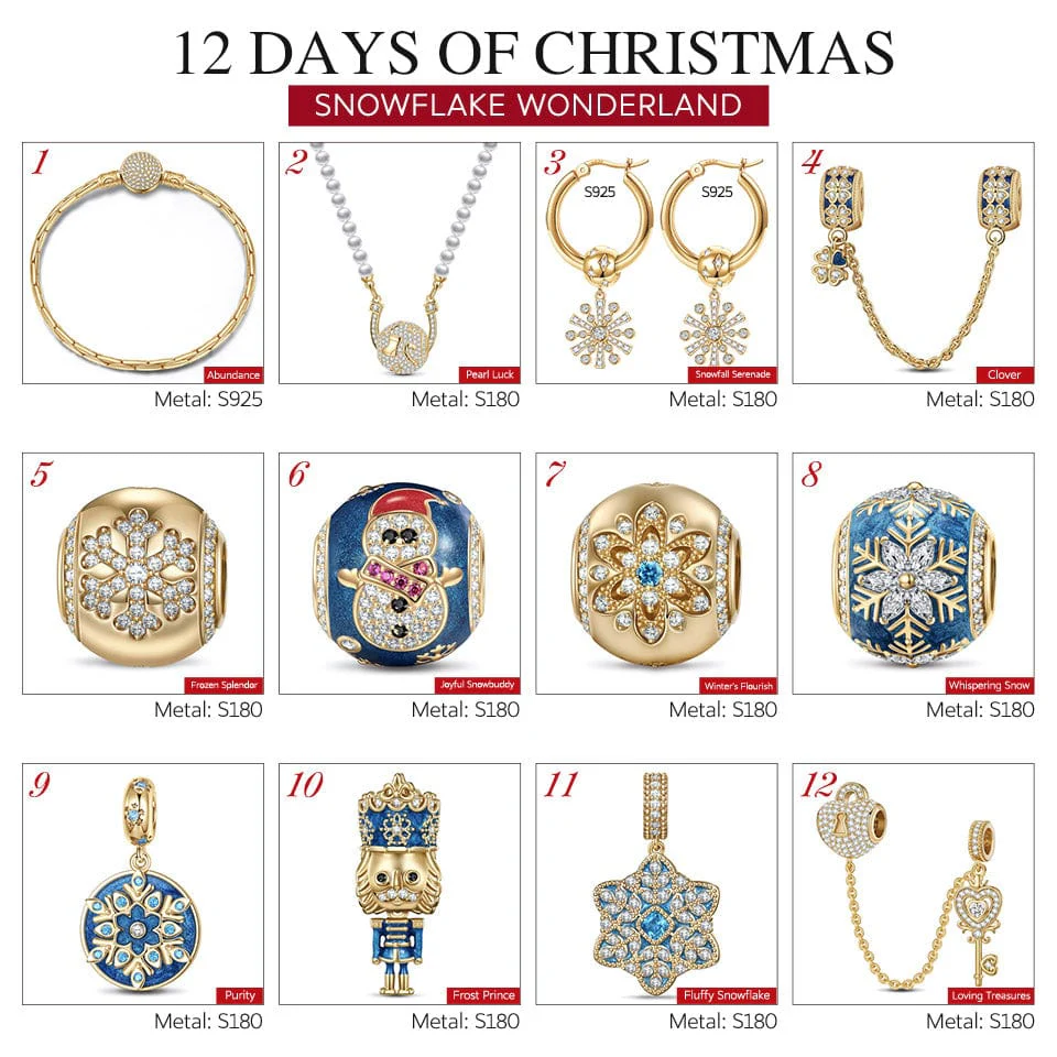 Limited Edition - The Iconic Advent Calendar - 12 Days Of Christmas Fine Jewelry Gift Set: Sterling Silver Snowfall Wonderland Charms Earrings and Necklace and Bracelet Set With Enamel In 14K Gold Plated - Image 2