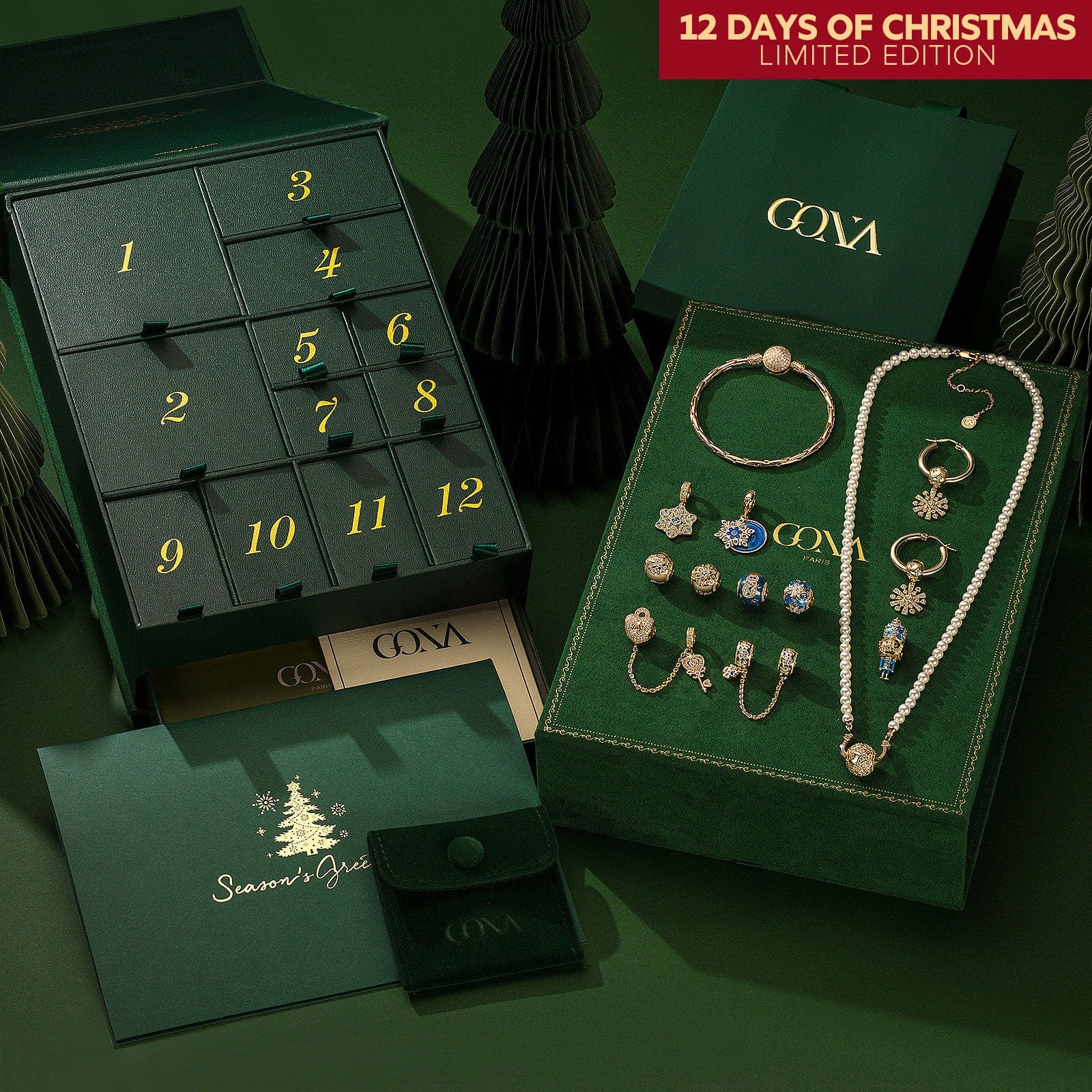Limited Edition - The Iconic Advent Calendar - 12 Days Of Christmas Fine Jewelry Gift Set: Sterling Silver Snowfall Wonderland Charms Earrings and Necklace and Bracelet Set With Enamel In 14K Gold Plated - Image 3