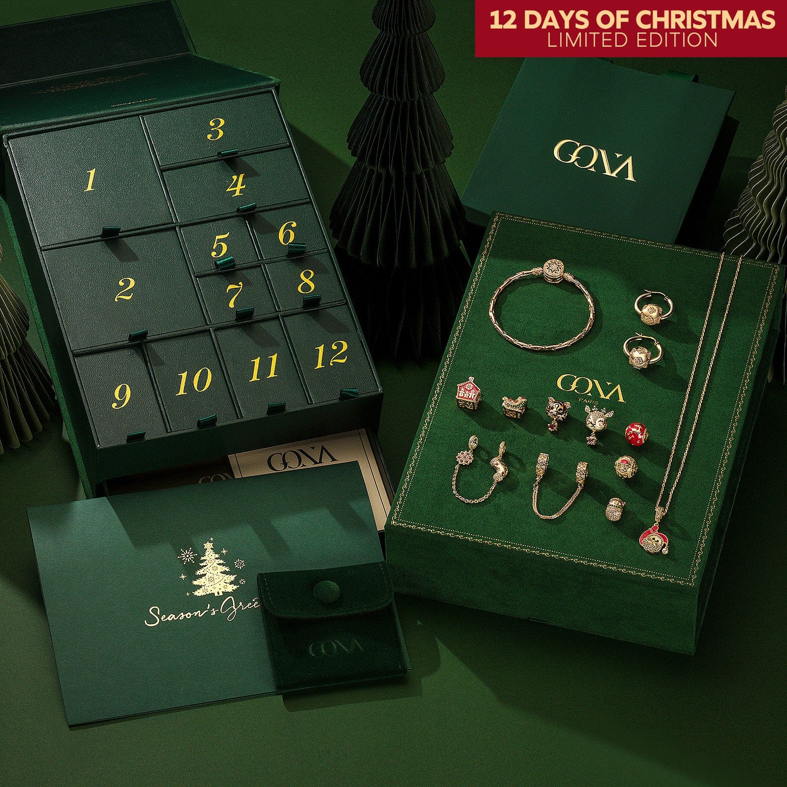Limited Edition - The Iconic Advent Calendar - 12 Days Of Christmas Fine Jewelry Gift Set: Sterling Silver Santa's Sleigh Charms Earrings and Necklace and Bracelet Set With Enamel In 14K Gold Plated - Image 2