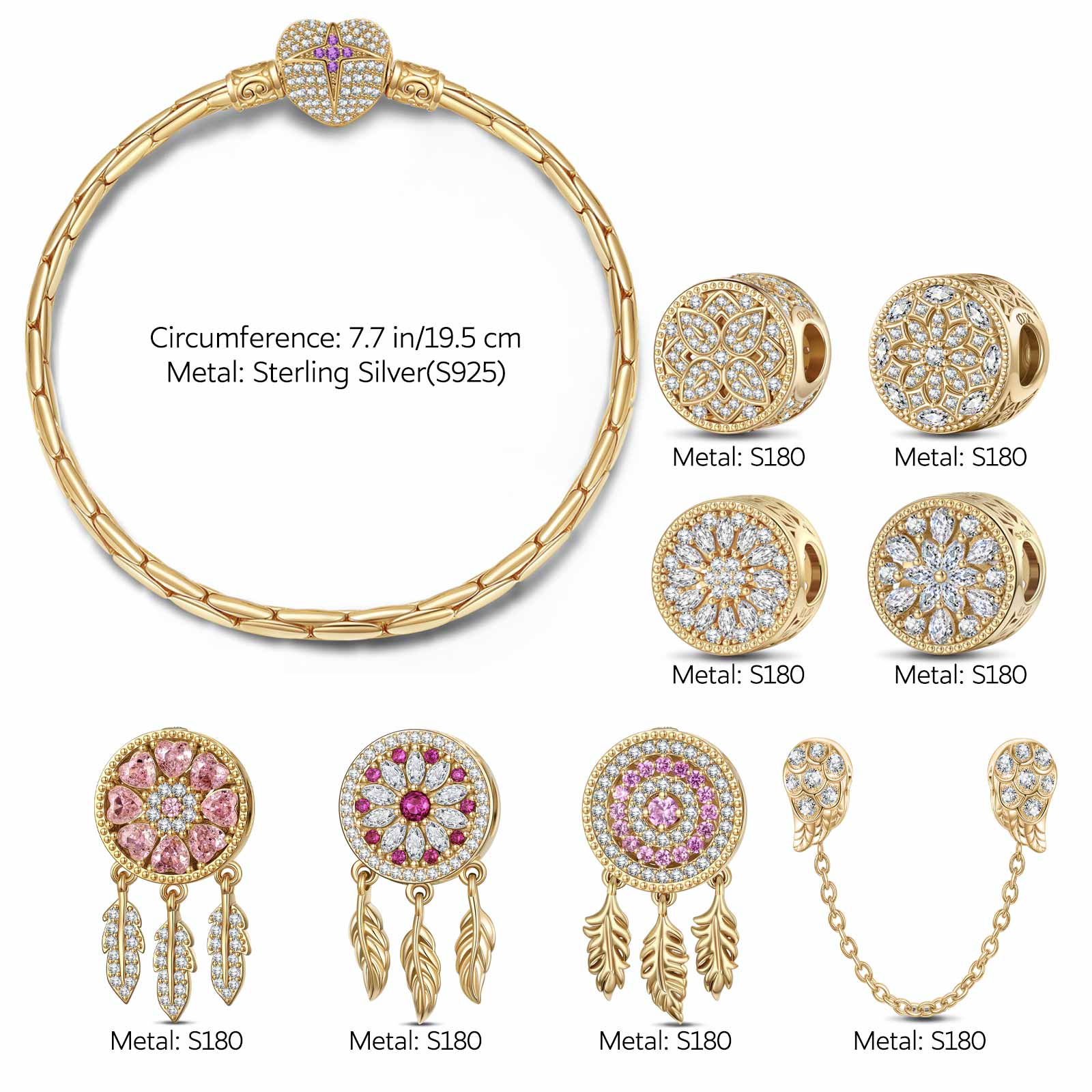 Flash Sale: Sterling Silver Rosy Dreams Charms Bracelet Set In 14K Gold Plated (Includes bracelet and all charms shown) - Image 2