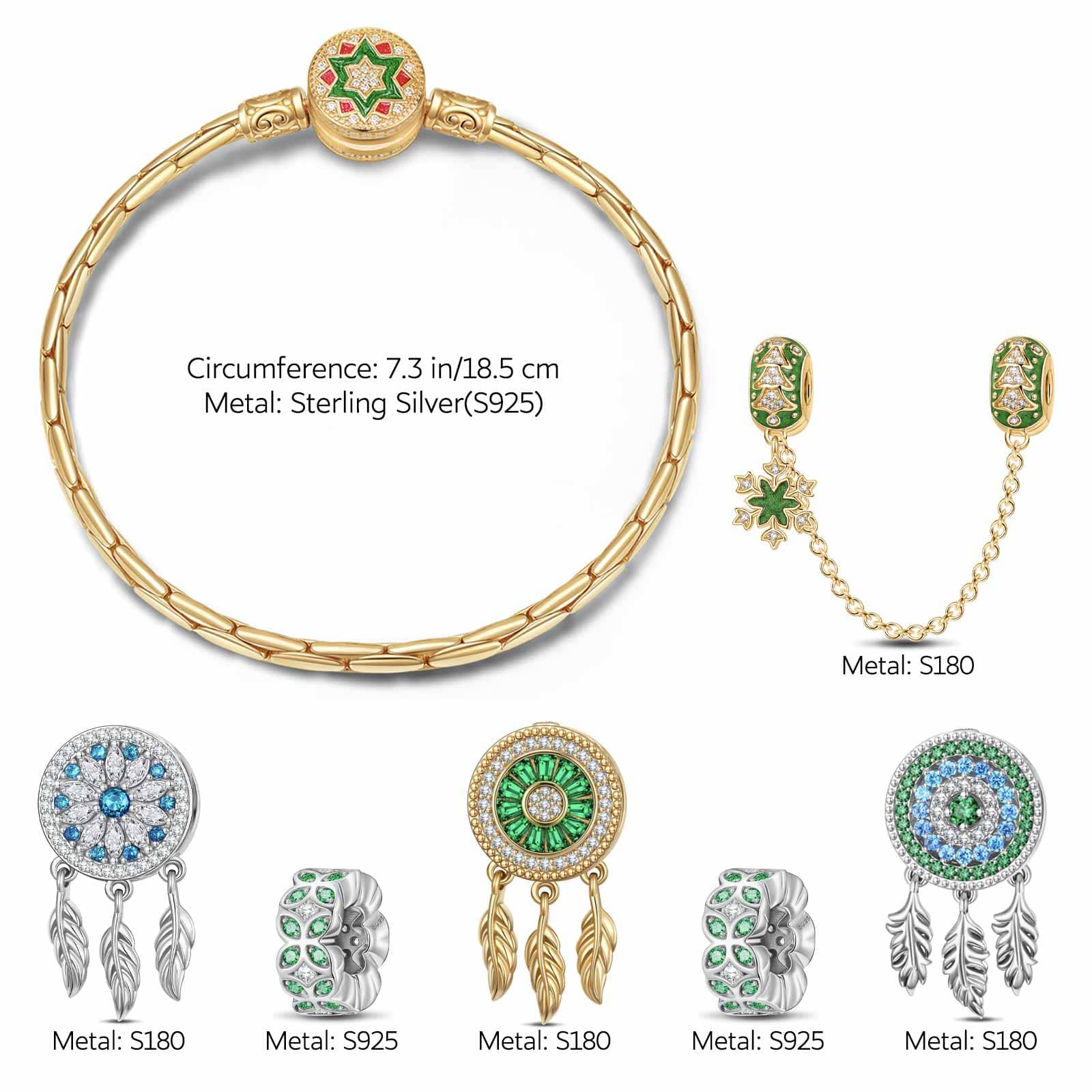 Sterling Silver Verdant Dreamcatcher Charms Bracelet Set, Featuring Dual Plating in 14K Gold and White Gold (Includes bracelet and all charms shown) - Image 2