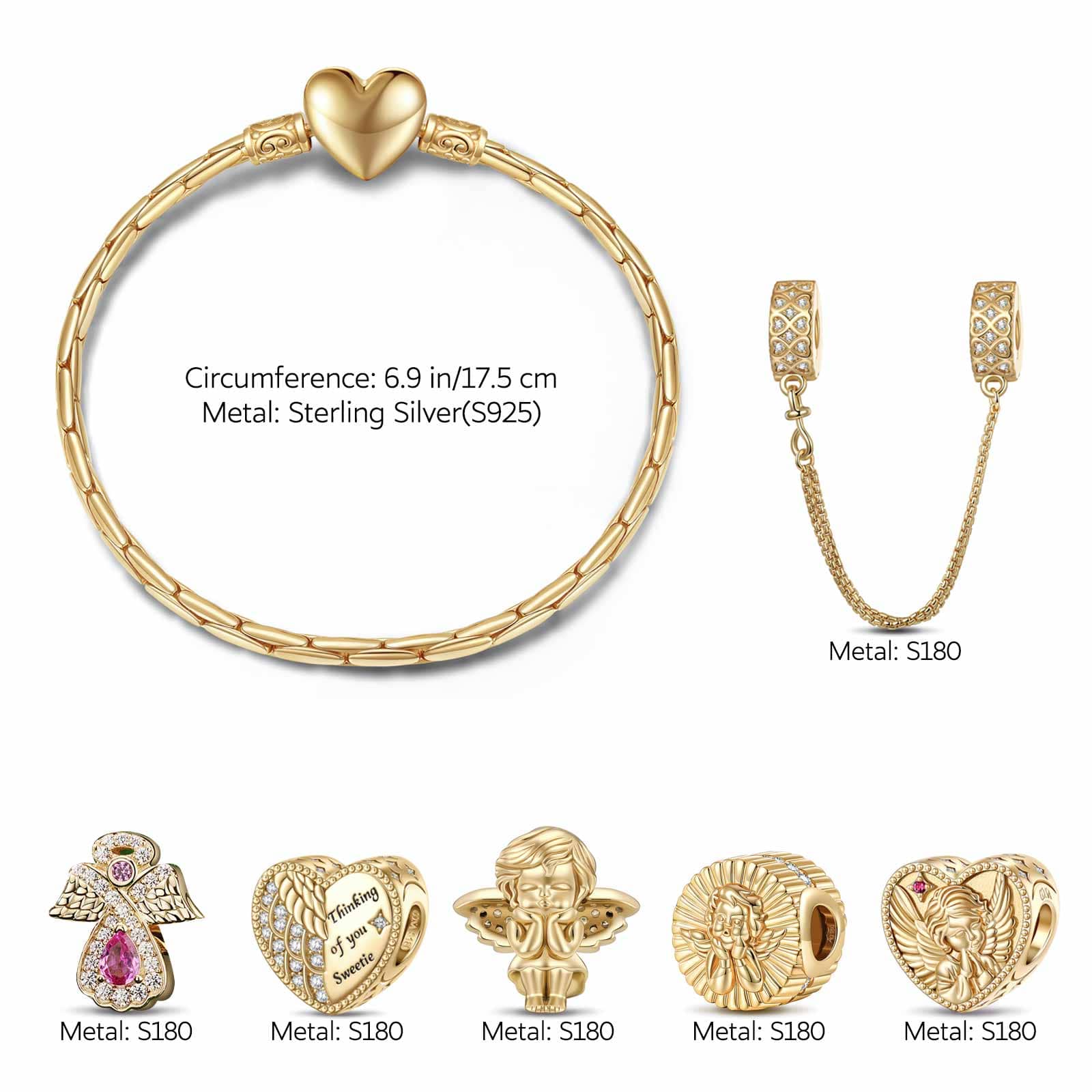 Sterling Silver Angel's Kiss Charms Bracelet Set In 14K Gold Plated (Includes bracelet and all charms shown) - Image 2