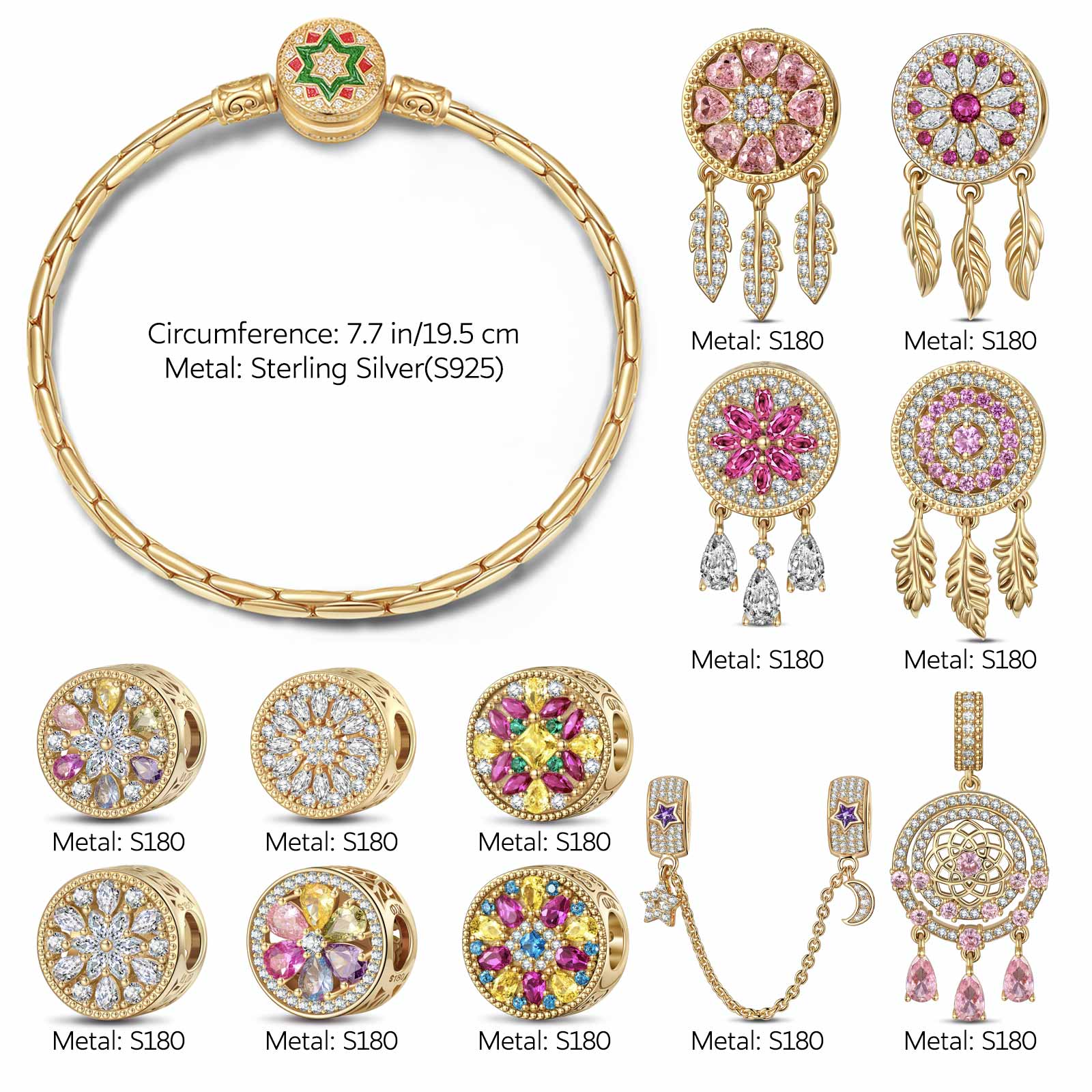 Sterling Silver Dreamy Blooms Charms Bracelet Set In 14K Gold Plated (Includes bracelet and all charms shown) - Image 2