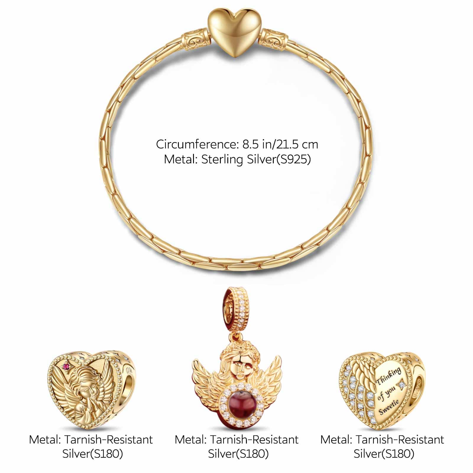 Sterling Silver Golden Embrace Charms Bracelet Set In 14K Gold Plated Embed with a I Love You 100 Languages Light Projection Gemstone (Includes bracelet and all charms shown) - Image 2
