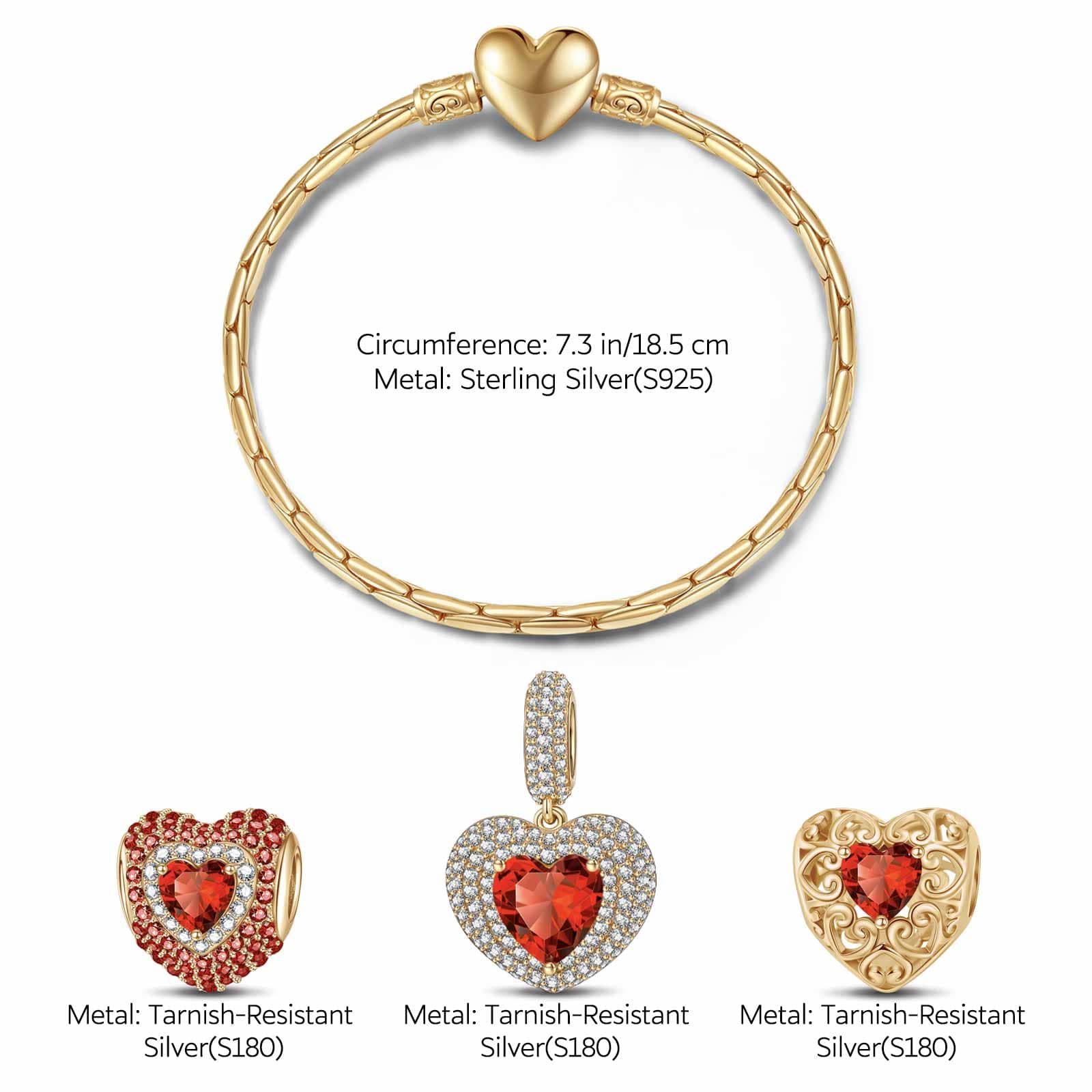 Sterling Silver Crimson Heart: January Garnet Charms Bracelet Set In 14K Gold Plated (Includes bracelet and all charms shown) - Image 2