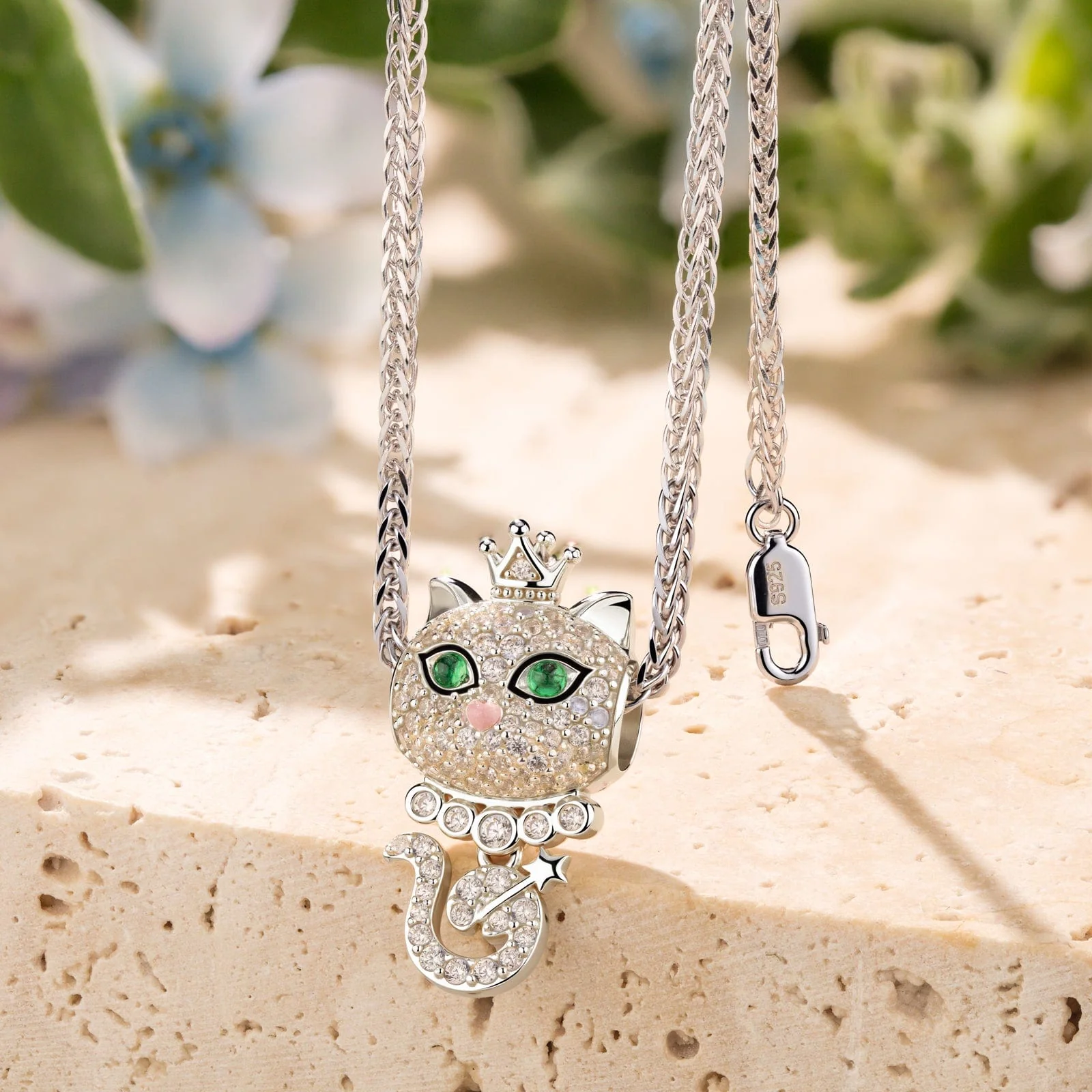 Sterling Silver Regal Purr Charms Necklace Set In White Gold Plated