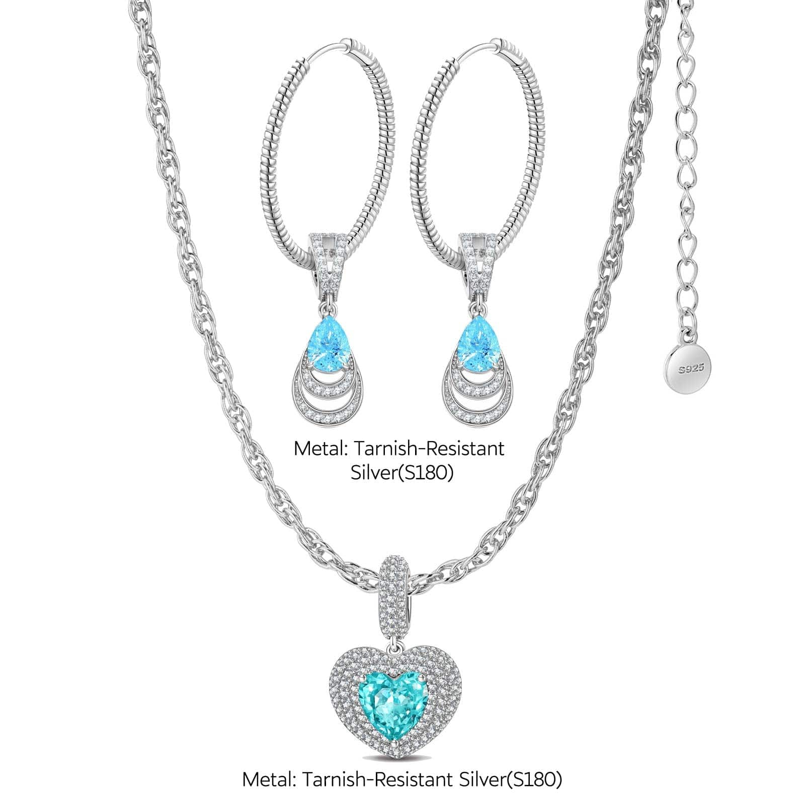Sterling Silver Ocean's Embrace Charms Necklace and Earrings Set In White Gold Plated - Image 2