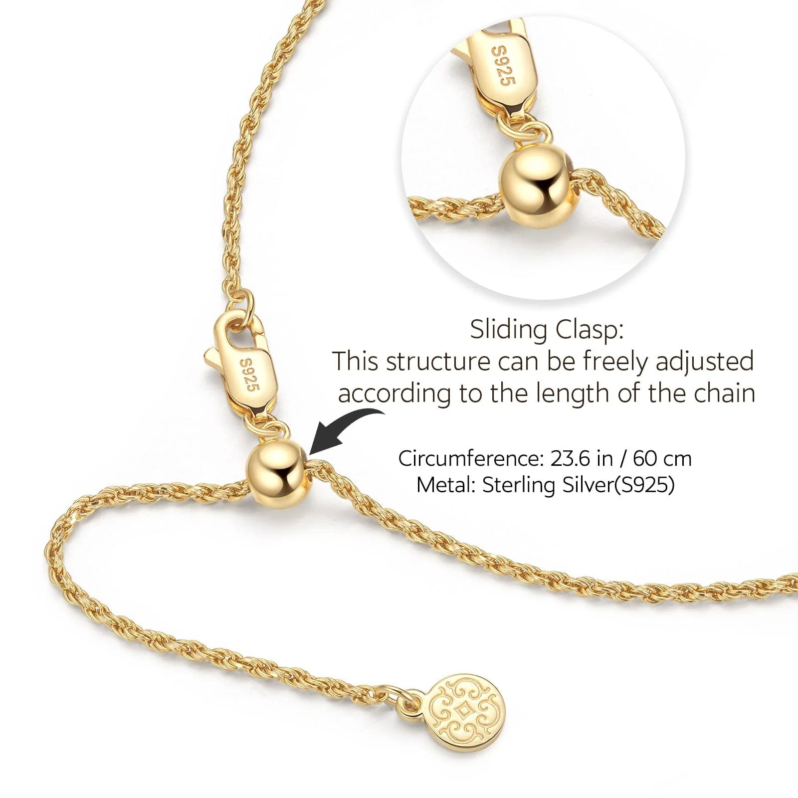 Sterling Silver Adjustable Rope Chain Necklace With Slider Clasp Sapphire Serenade Charm Necklace and Earrings Set In White Gold Plated - Image 3