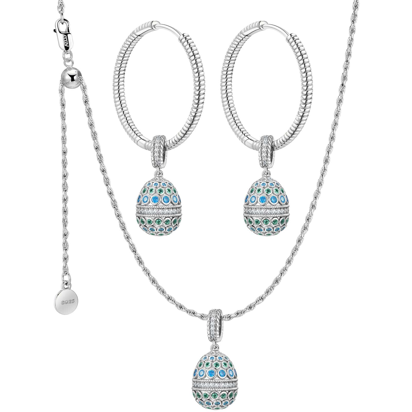 Sterling Silver Adjustable Rope Chain Necklace With Slider Clasp Sapphire Serenade Charm Necklace and Earrings Set In White Gold Plated - Image 2