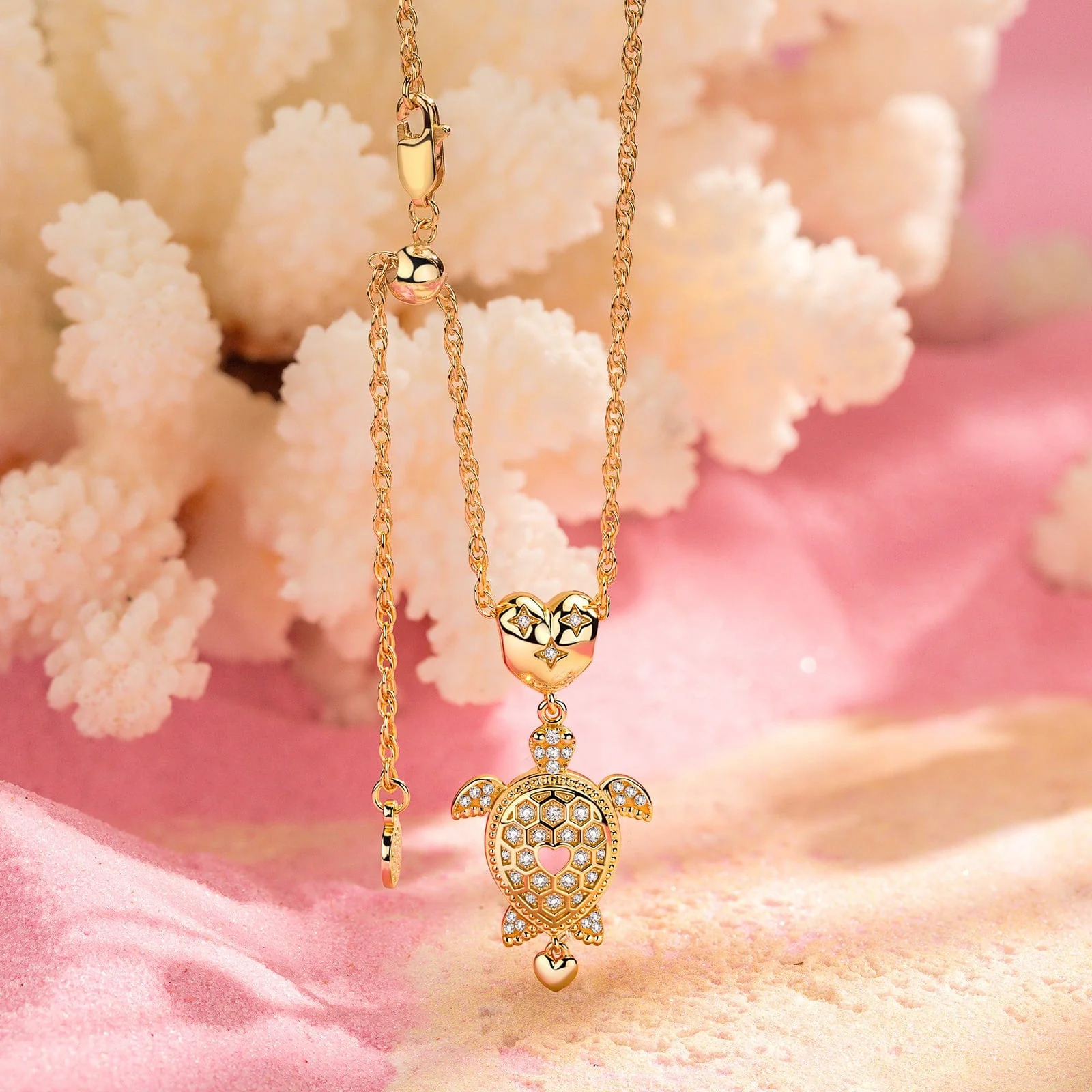Sterling Silver Adjustable Rope Chain Necklace with Slider Clasp Heartfelt Turtle Charms Necklace Set In 14K Gold Plated