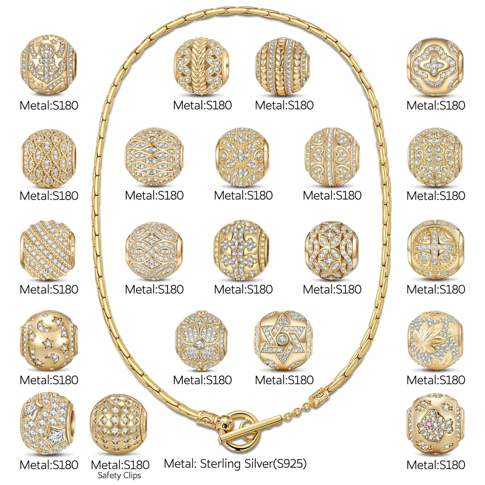 Sterling Silver Classic Bamboo Chain Necklace Mystic Seasons Charms Necklace Set In 14K Gold Plated - Image 3