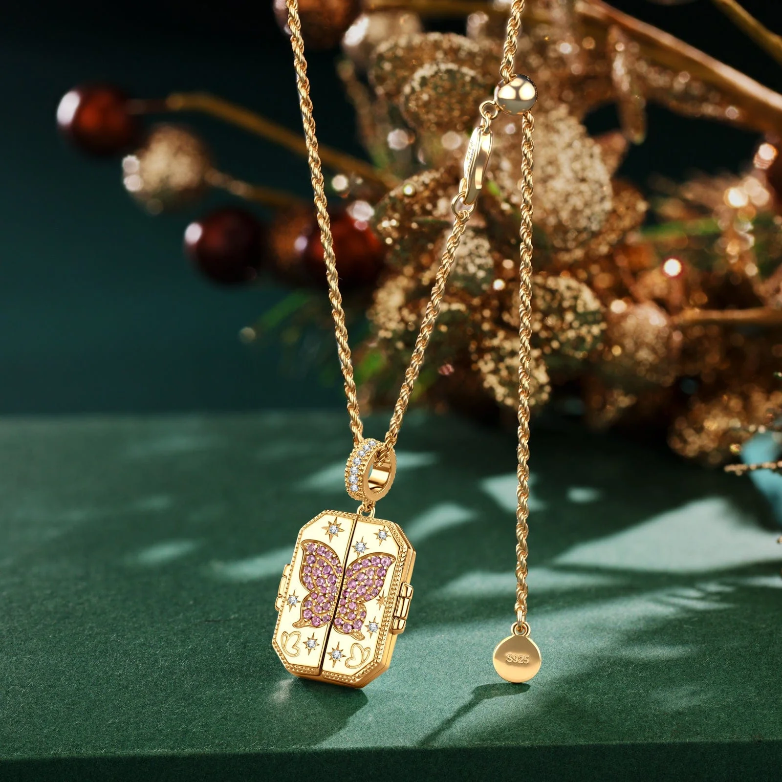 Sterling Silver Butterfly Keepsake Necklace Set In 14K Gold Plated
