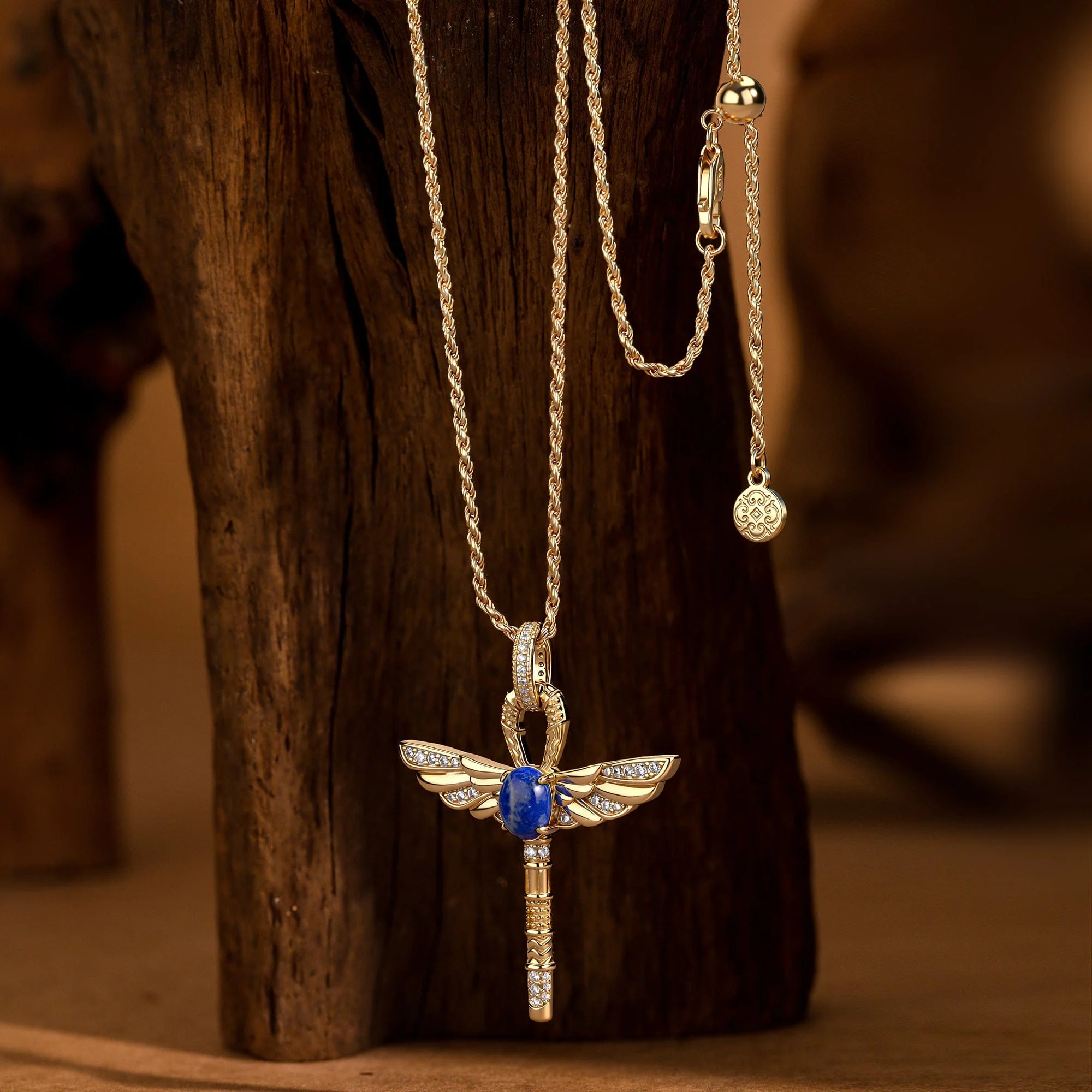 Sterling Silver Ankh & Scarab Scepter Necklace with Natural Lapis Lazuli - Symbol of Life, Protection & Renewal