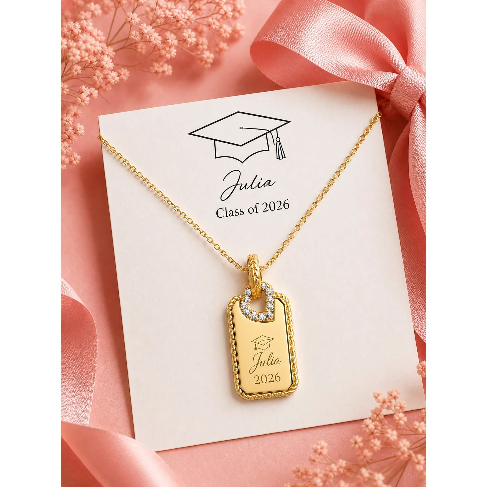 Personalized Engravable Sterling Silver Rectangle Necklace In 14K Gold Plated With Twisted Rope Border - Image 3