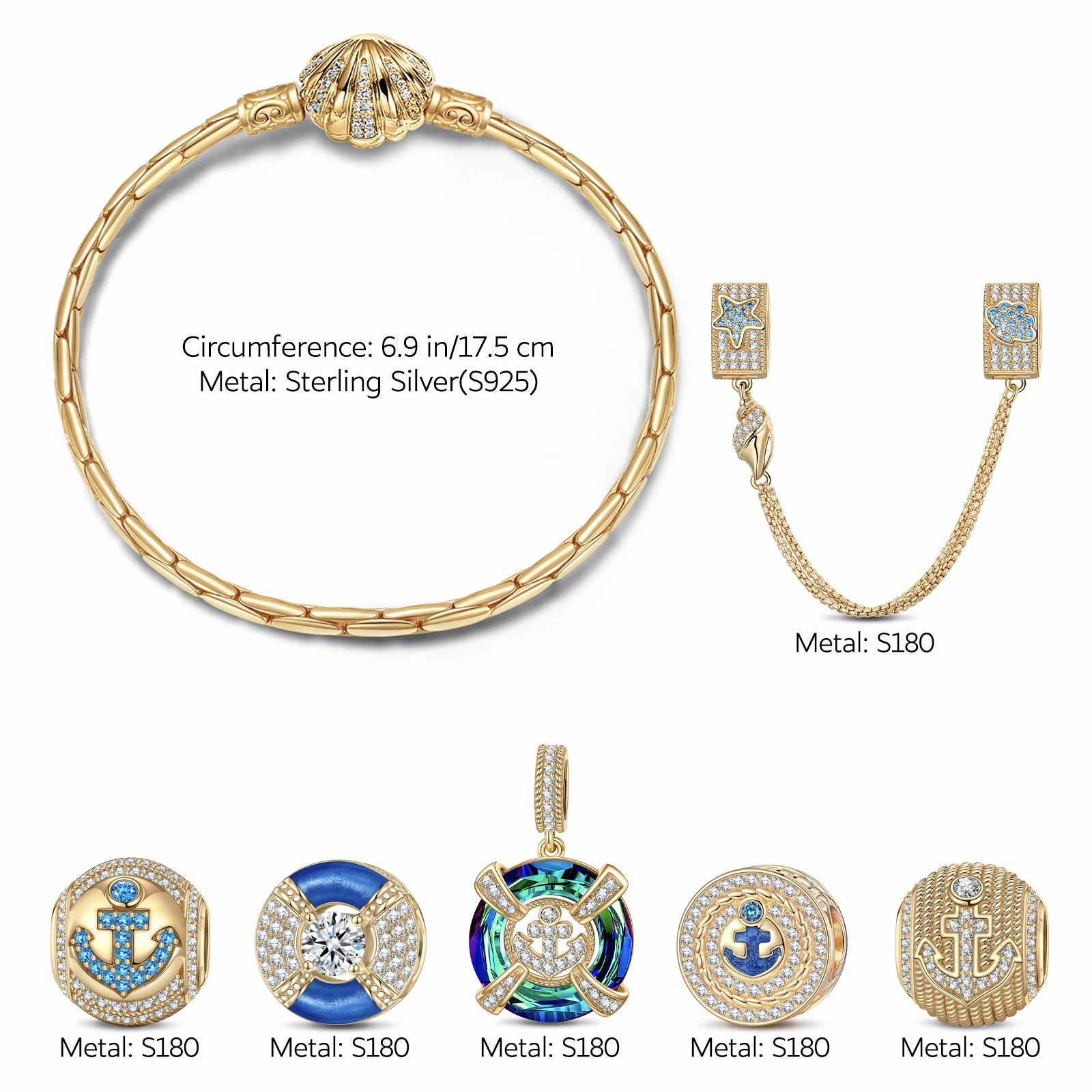 Sterling Silver Brilliant Anchor Charms Bracelet Set With Enamel In 14K Gold Plated (Includes bracelet and all charms shown) - Image 2
