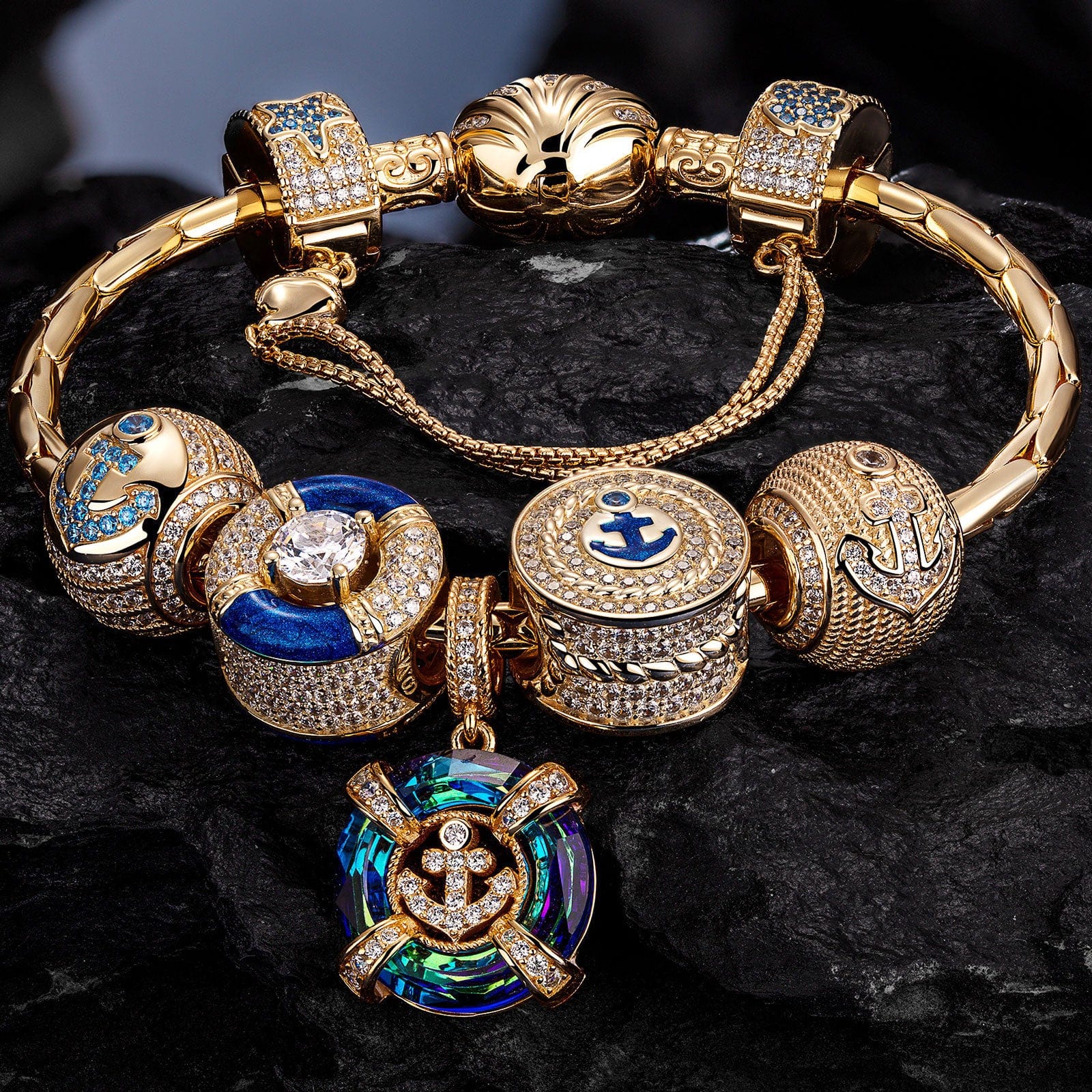 Sterling Silver Brilliant Anchor Charms Bracelet Set With Enamel In 14K Gold Plated (Includes bracelet and all charms shown) - Image 3