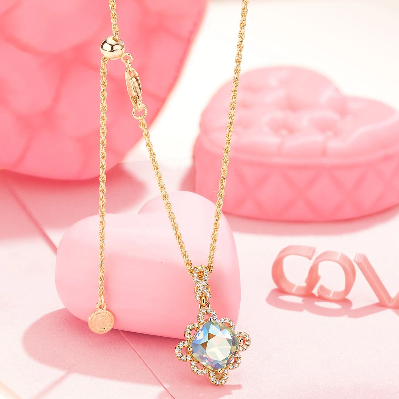 Sterling Silver Adjustable Rope Chain Necklace with Slider Clasp Tender Rose Charms Necklace Set In 14K Gold Plated