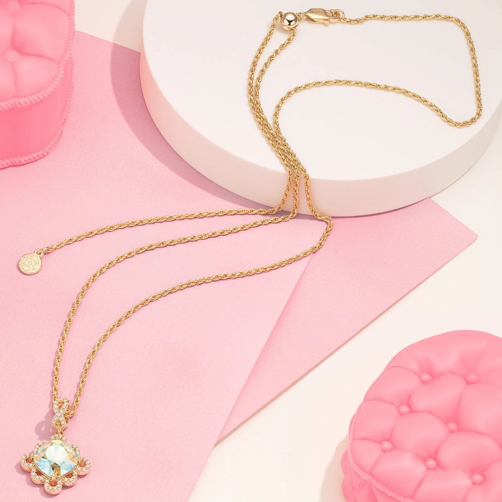 Sterling Silver Adjustable Rope Chain Necklace with Slider Clasp Tender Rose Charms Necklace Set In 14K Gold Plated - Image 3